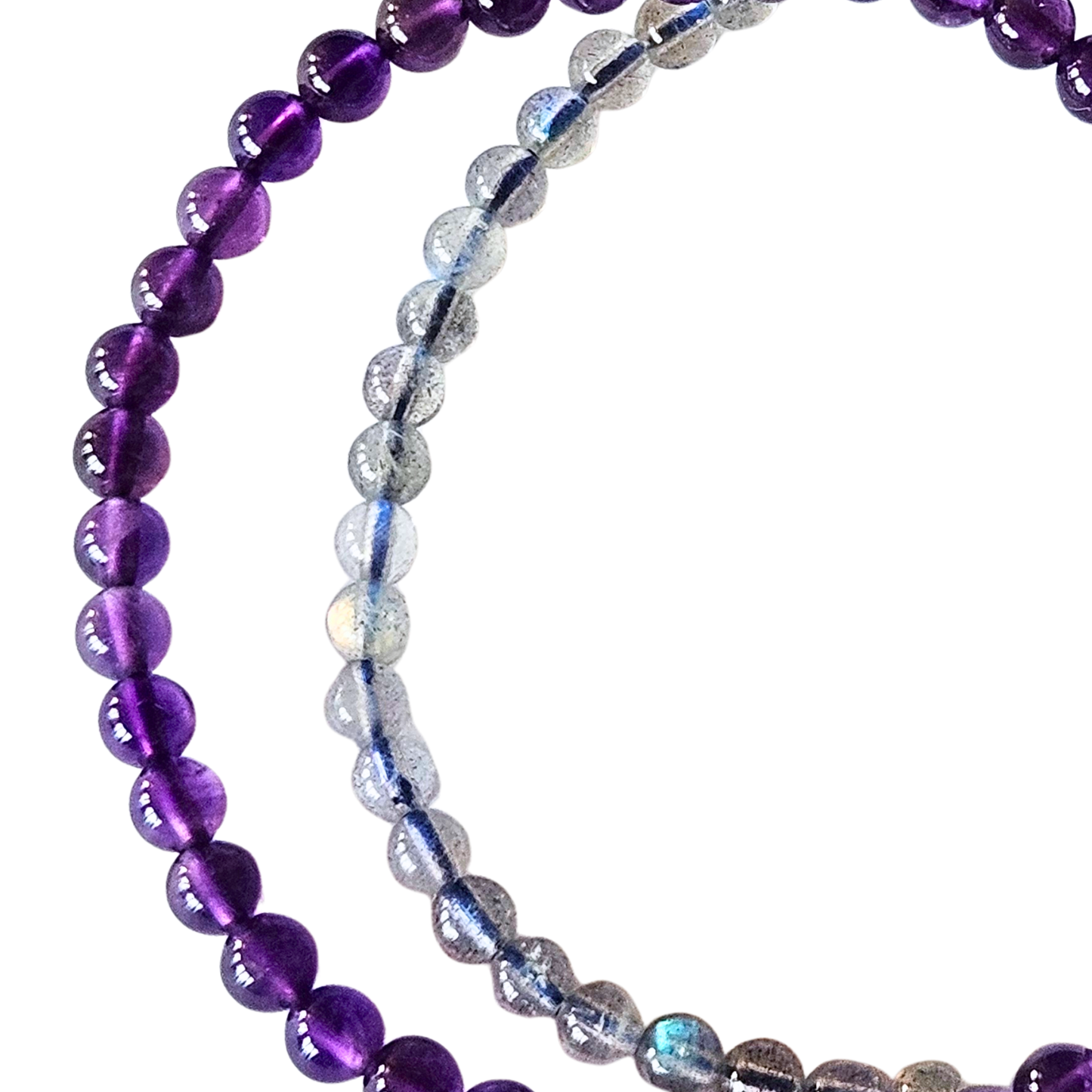 Nahaufnahme Amethyst und Labradorit Perlen – Armband Set für Schutz und spirituelle Klarheit