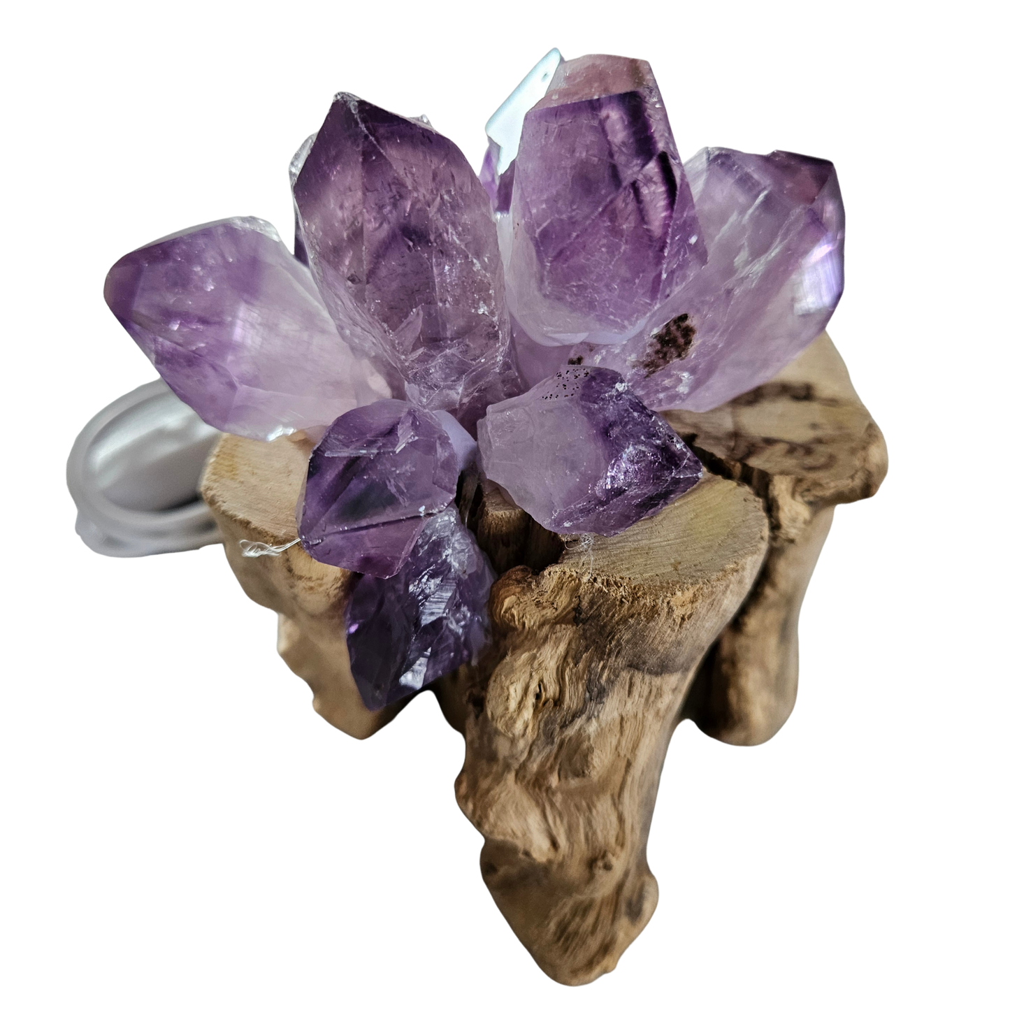 Echte Amethyst-Kristalle auf Holzsockel als handgefertigtes DreamOn Edelsteinlicht