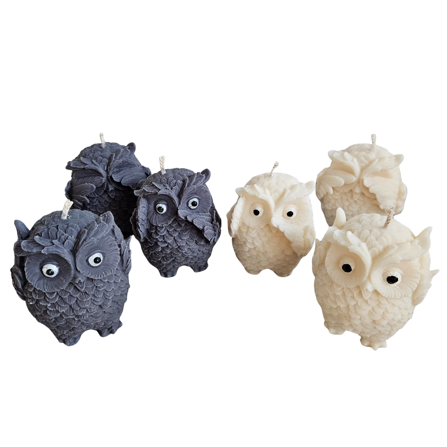 Kerzenset mit Eulentrio in Schwarz & Weiß – Symbol für Achtsamkeit, Stille & innere Weisheit