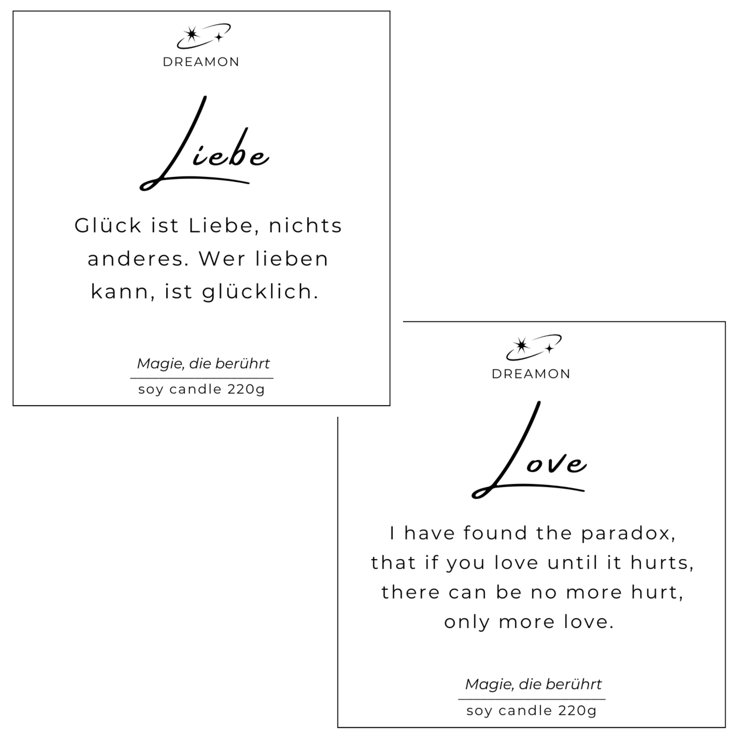 Etiketten der Intuitionskerze „Liebe / Love“ mit inspirierenden Zitaten auf Deutsch und Englisch, 220g Sojawachs.