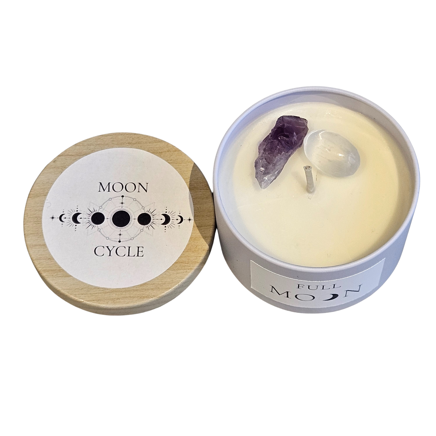 Full Moon Ritualkerze in Metallbüchse mit Holzdeckel Optik, hellem Wachs und Edelsteinen
