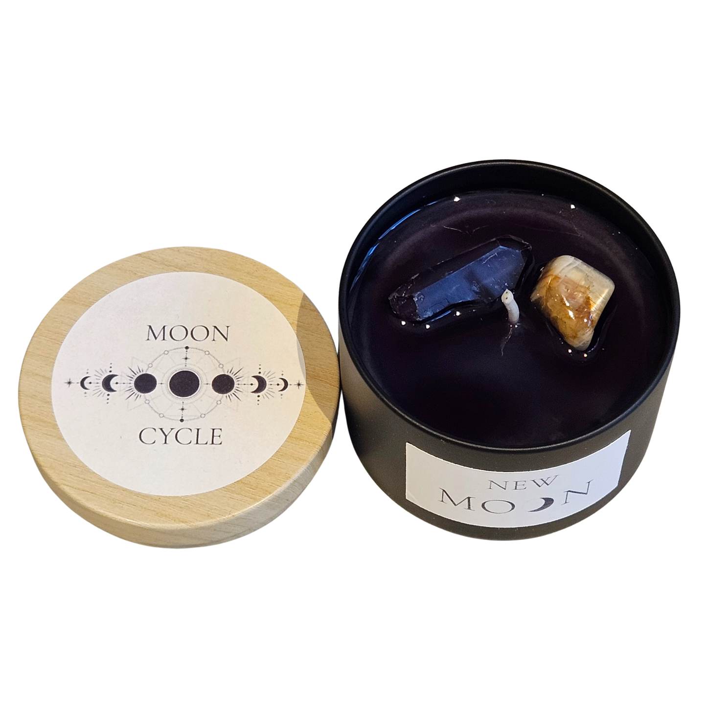 New Moon Ritualkerze in schwarzer Metallbüchse mit Holzdeckel Optik, dunklem Wachs und Edelsteinen