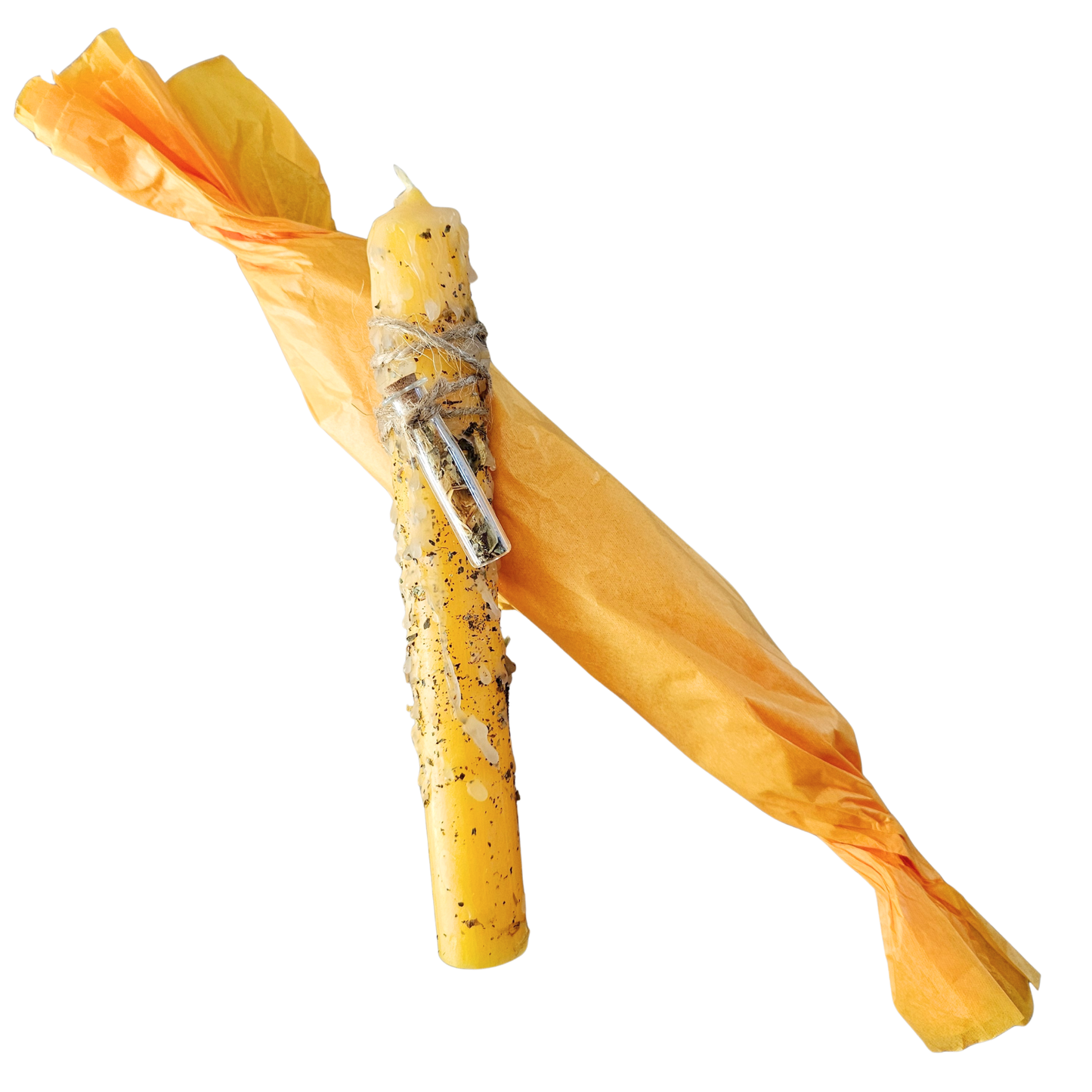 Ritualkerze in Gelb mit Glasfläschchen, Calendula, Basilikum und ätherischem Orangenöl in gelbem Seidenpapier verpackt– für Erfolg, Freude und sonnige Energie.