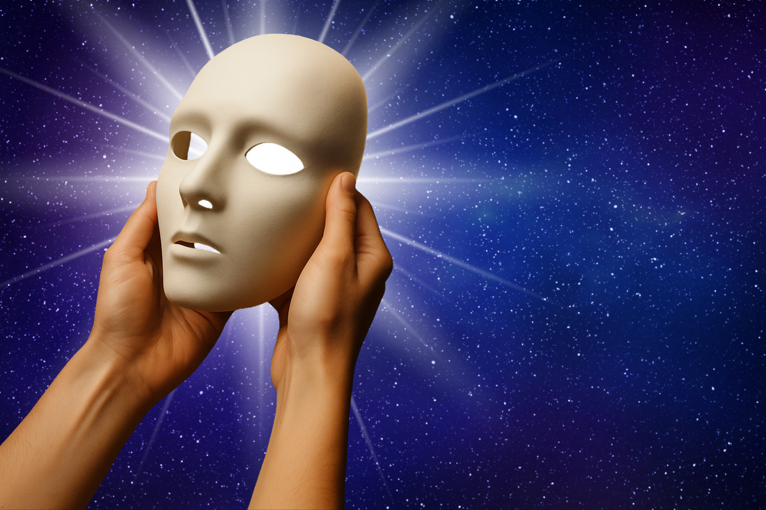 Zwei Hände halten eine weiße Maske vor einem leuchtenden Sternenhimmel – Symbol für Authentizität, Verletzlichkeit und wahre Begegnung
