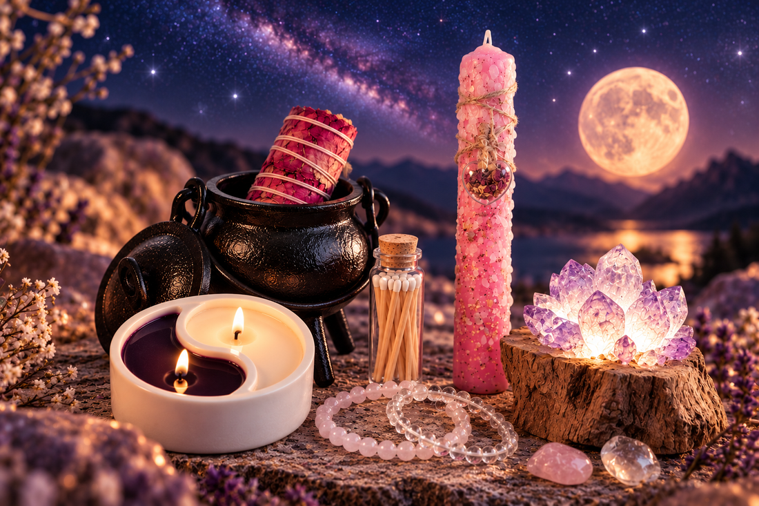 Liebevoll arrangierte DreamOn Geschenkideen mit Duftkerze, Trockenblumen, Edelsteinen und Mondstein-Schmuck vor einem magischen Sternenhimmel mit Vollmond.