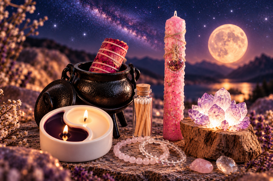 Liebevoll arrangierte DreamOn Geschenkideen mit Duftkerze, Trockenblumen, Edelsteinen und Mondstein-Schmuck vor einem magischen Sternenhimmel mit Vollmond.