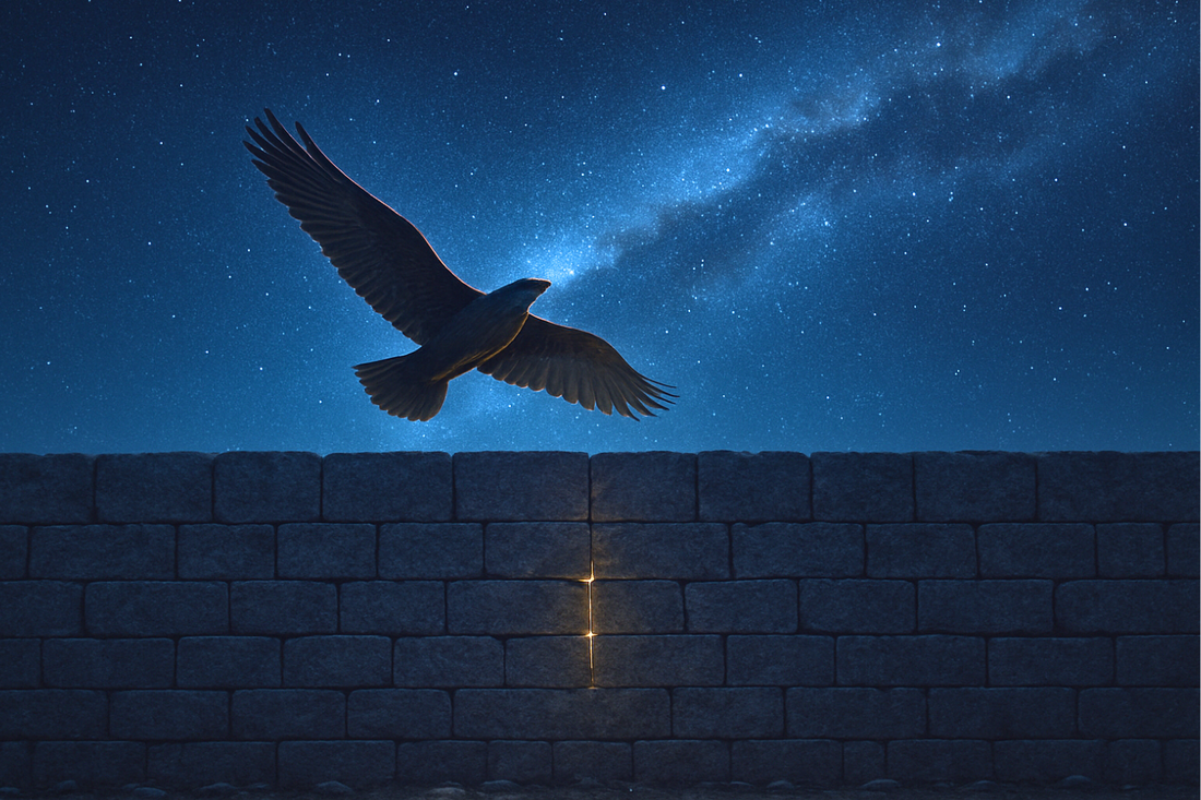 Dunkle Steinmauer unter einem sternenklaren Himmel, ein einzelner Vogel fliegt darüber, Licht schimmert aus einem kleinen Spalt in der Mauer