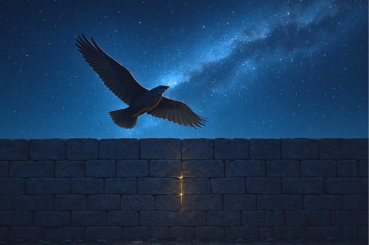 Dunkle Steinmauer unter einem sternenklaren Himmel, ein einzelner Vogel fliegt darüber, Licht schimmert aus einem kleinen Spalt in der Mauer