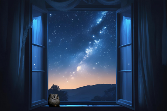 Ein geöffnetes Fenster in der Nacht mit Blick auf einen funkelnden Sternenhimmel – Symbol für seelische Traumreisen und Botschaften jenseits der Zeit.
