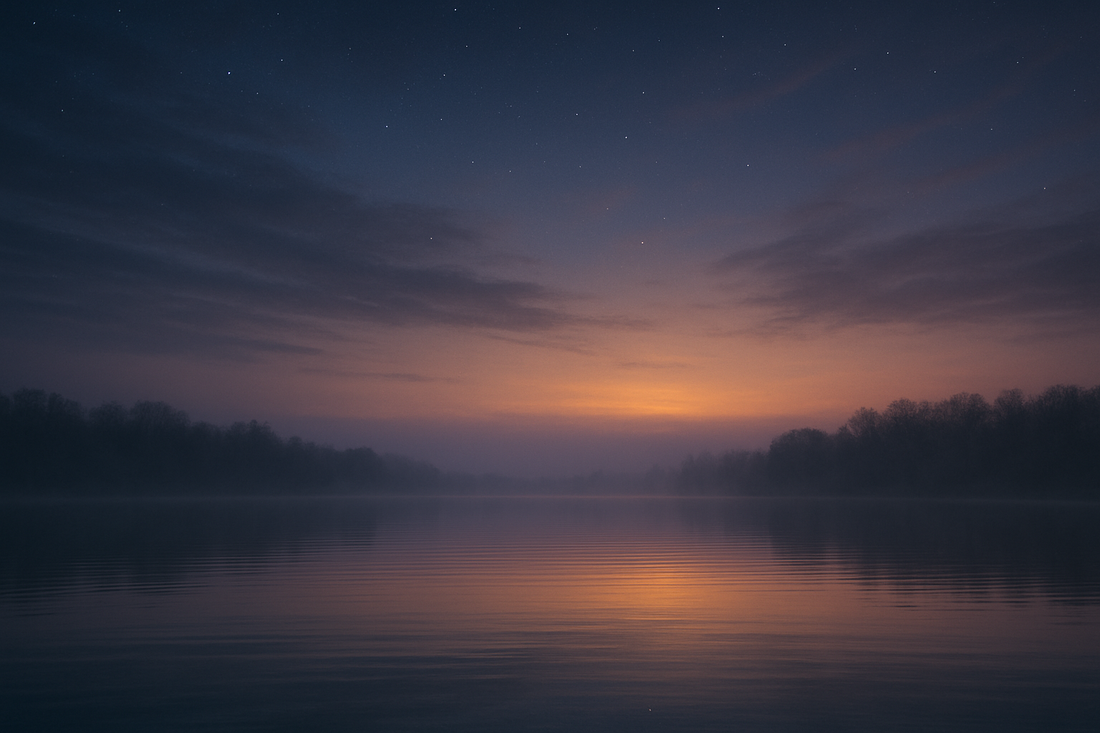Stiller See bei Abenddämmerung im Querformat, leichte Sternen am Himmel spiegeln sich sanft im Wasser – ruhige, magische Stimmung.