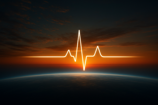 Herzschlaglinie als leuchtendes EKG über dem Horizont bei Sonnenuntergang – Symbol für den Herzschlag der Erde und einen Neuanfang.
