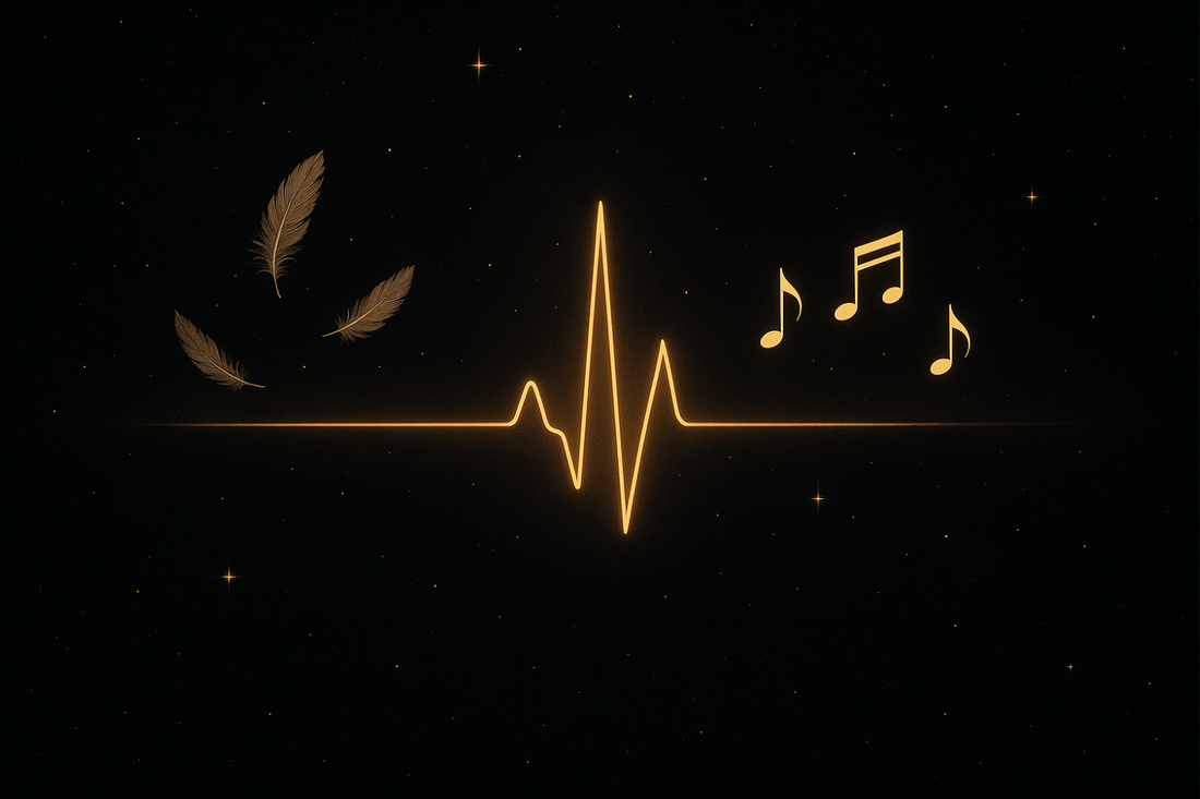 Mystisches Bild mit Herzschlag-Linie, die sich in Noten, Federn und Sternen auflöst – Symbol für Musik, Schweigen und Herzenswünsche im Universum.