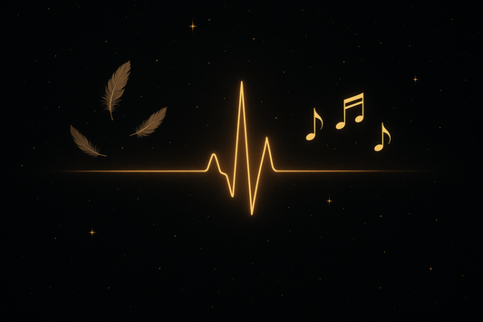 Mystisches Bild mit Herzschlag-Linie, die sich in Noten, Federn und Sternen auflöst – Symbol für Musik, Schweigen und Herzenswünsche im Universum.