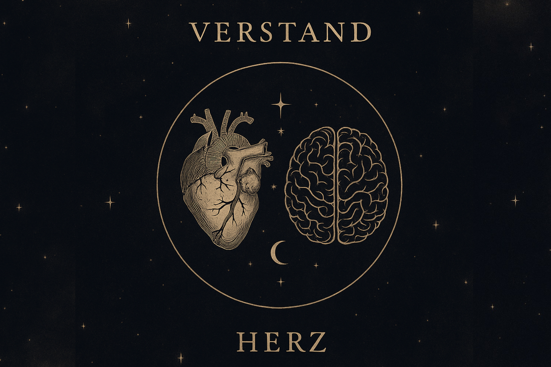 Illustration eines Herzens und eines Gehirns in einem mystischen Kreis mit Sternen und Mond. Symbol für die Balance zwischen Herz und Verstand.