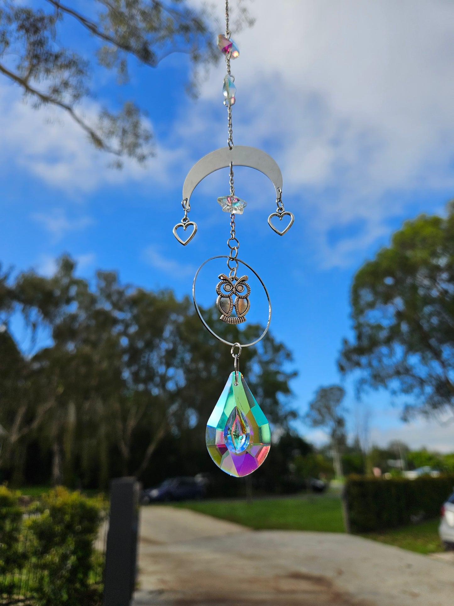 Magischer Suncatcher mit Eule, Herzen & Halbmond