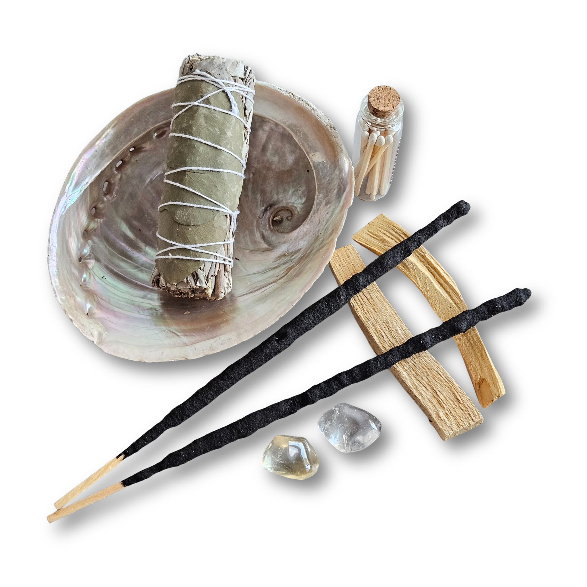 Ritualset Fülle – energetische Reinigung mit Eukalyptus-Salbei-Smudge, Abalone-Muschel, Palo Santo, Citrin, Bergkristall, Räucherstäbchen und Streichhölzern