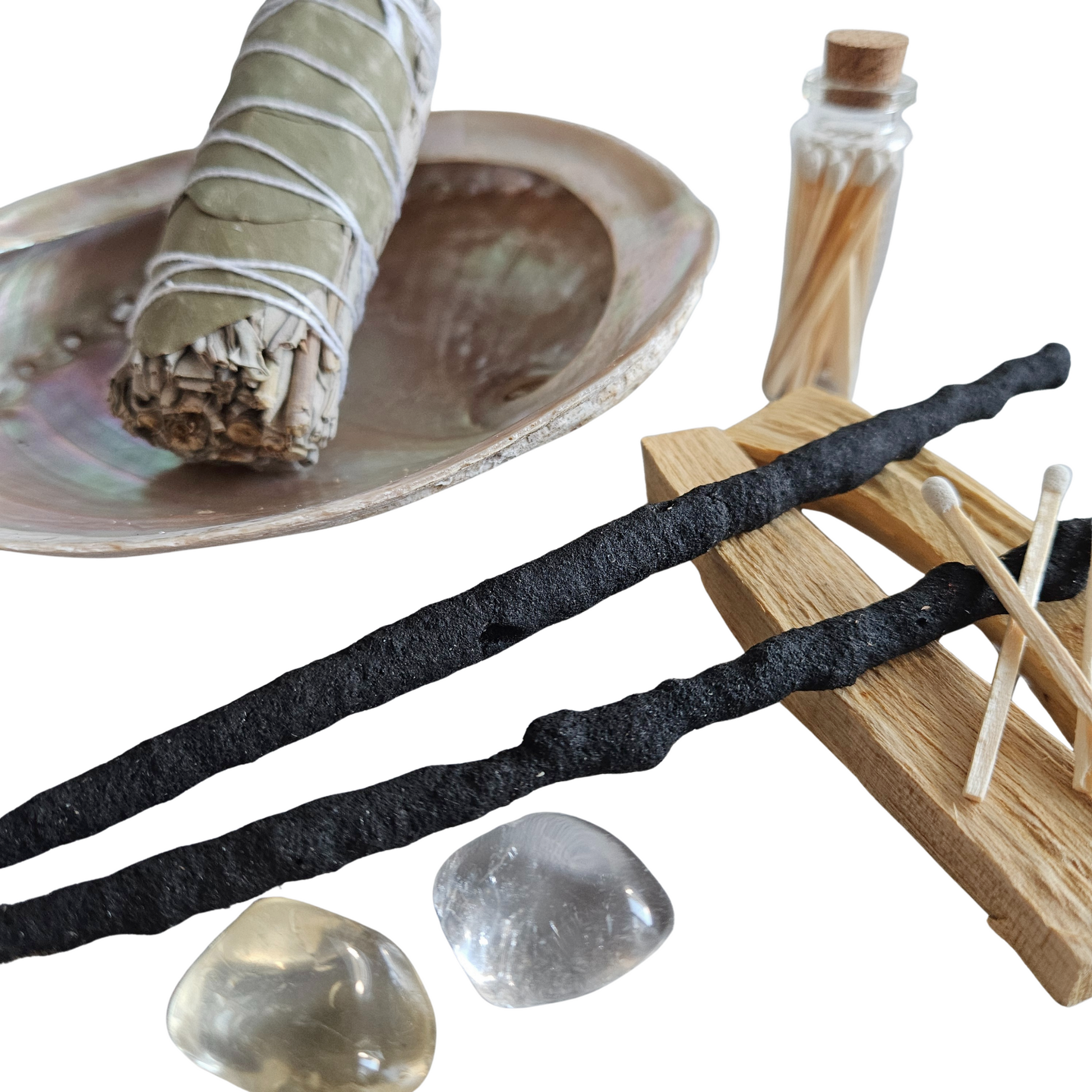 Ritualset Fülle mit Eukalyptus-Salbei-Smudge, Abalone-Muschel, Citrin, Bergkristall, Palo Santo, Ritualräucherstäbchen und Streichhölzern