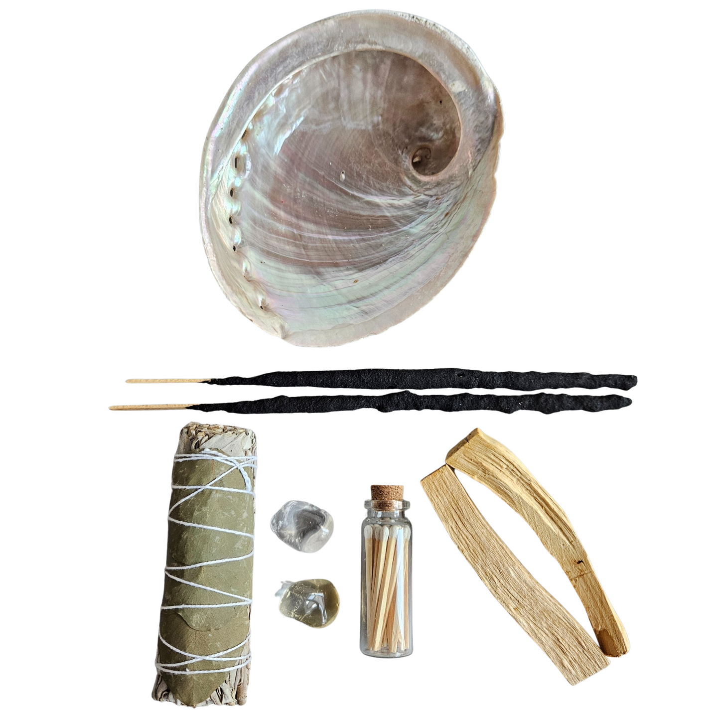 Energetisches Reinigungsset Fülle – Abalone-Muschel mit Smudge, Citrin, Bergkristall, Palo Santo, Räucherstäbchen und Streichhölzern