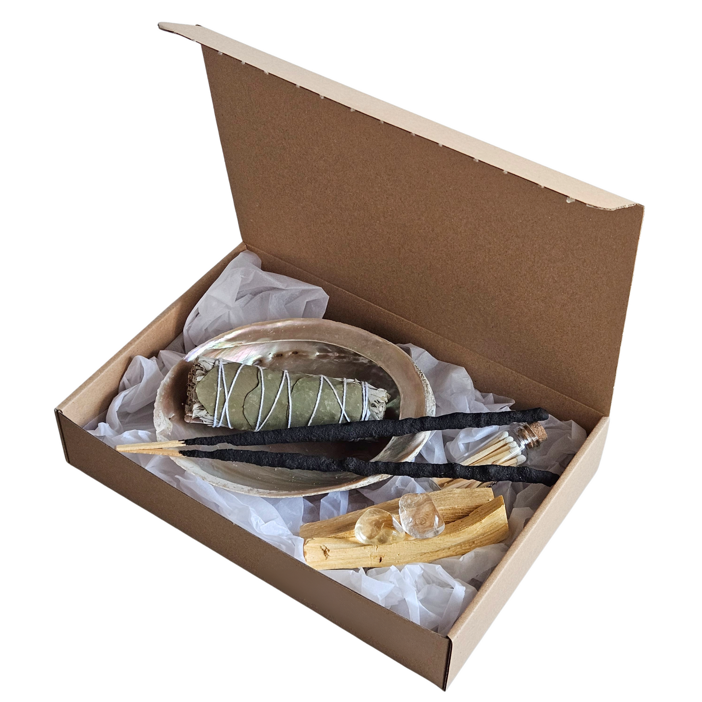Ritualset Fülle in Geschenkbox mit Abalone-Muschel, Smudge, Kristallen, Palo Santo, Ritualräucherstäbchen und Streichhölzern