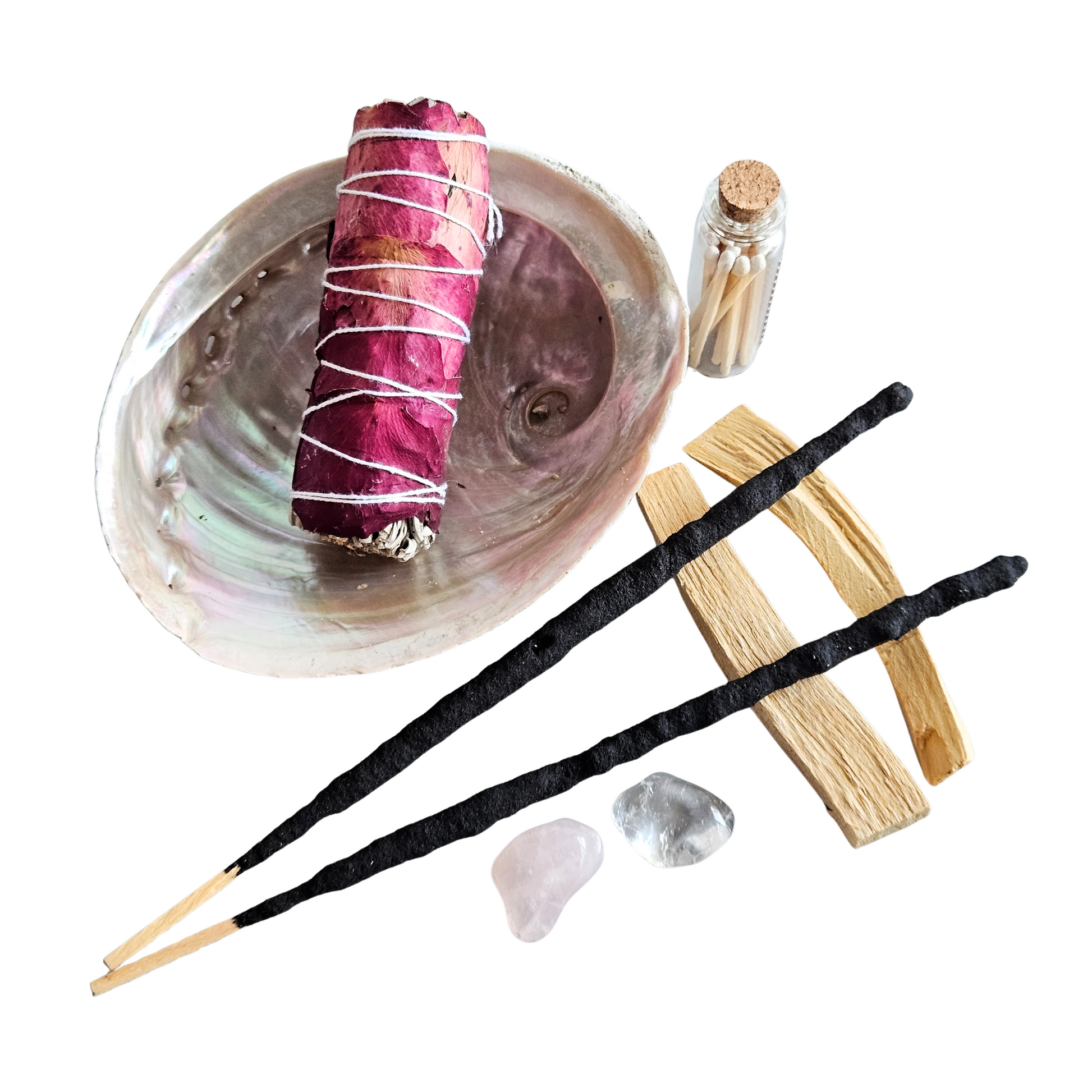 Ritualset Liebe mit Rosenblätter-Salbei-Smudge, Abalone-Muschel, Rosenquarz, Bergkristall, Palo Santo, Ritualräucherstäbchen und Streichhölzern