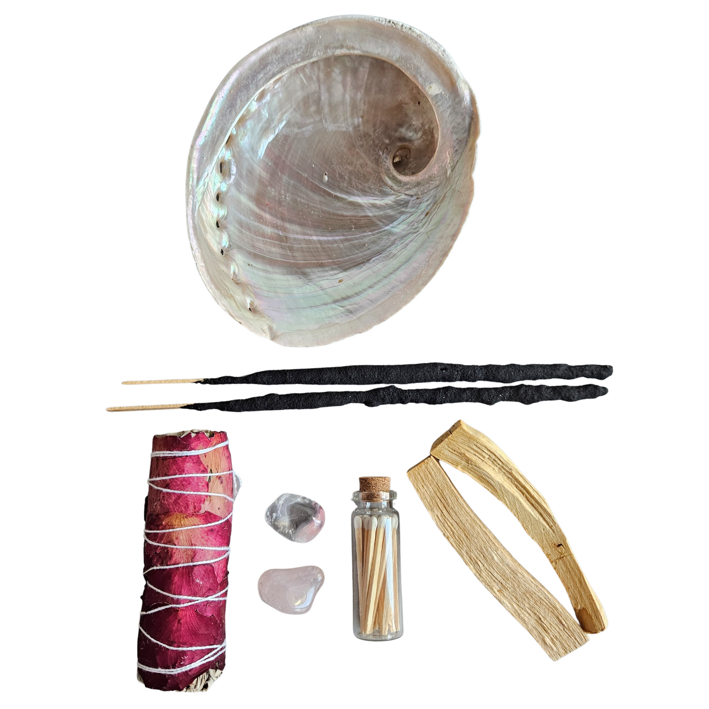 Energetisches Reinigungsset Liebe – Abalone-Muschel mit Smudge, Rosenquarz, Bergkristall, Palo Santo, Räucherstäbchen und Streichhölzern