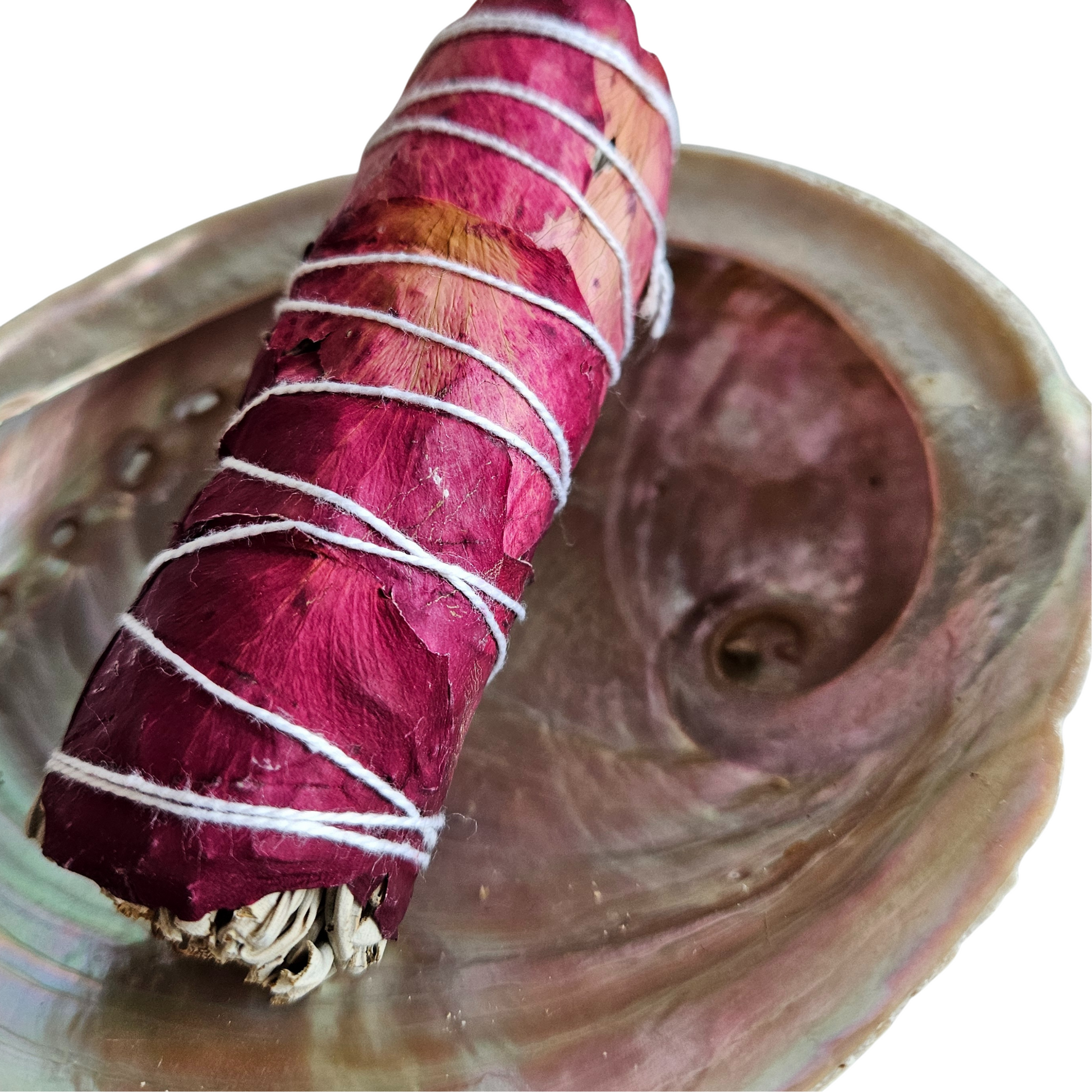 Rosenblätter-Salbei-Smudge in Abalone-Muschel – Teil des Ritualsets Liebe zur Herzöffnung und Reinigung