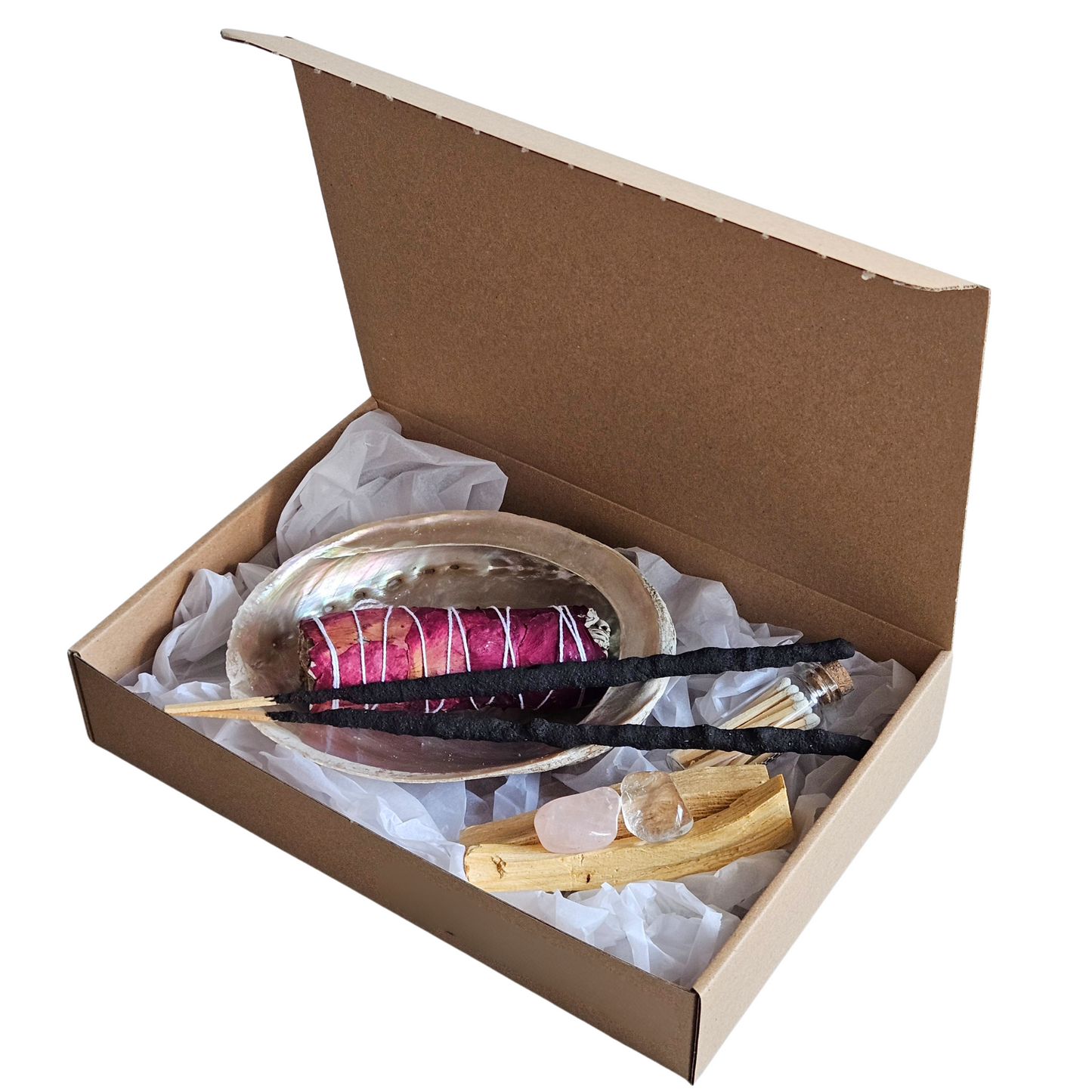 Ritualset Liebe in Geschenkbox mit Abalone-Muschel, Smudge, Kristallen, Palo Santo, Ritualräucherstäbchen und Streichhölzern