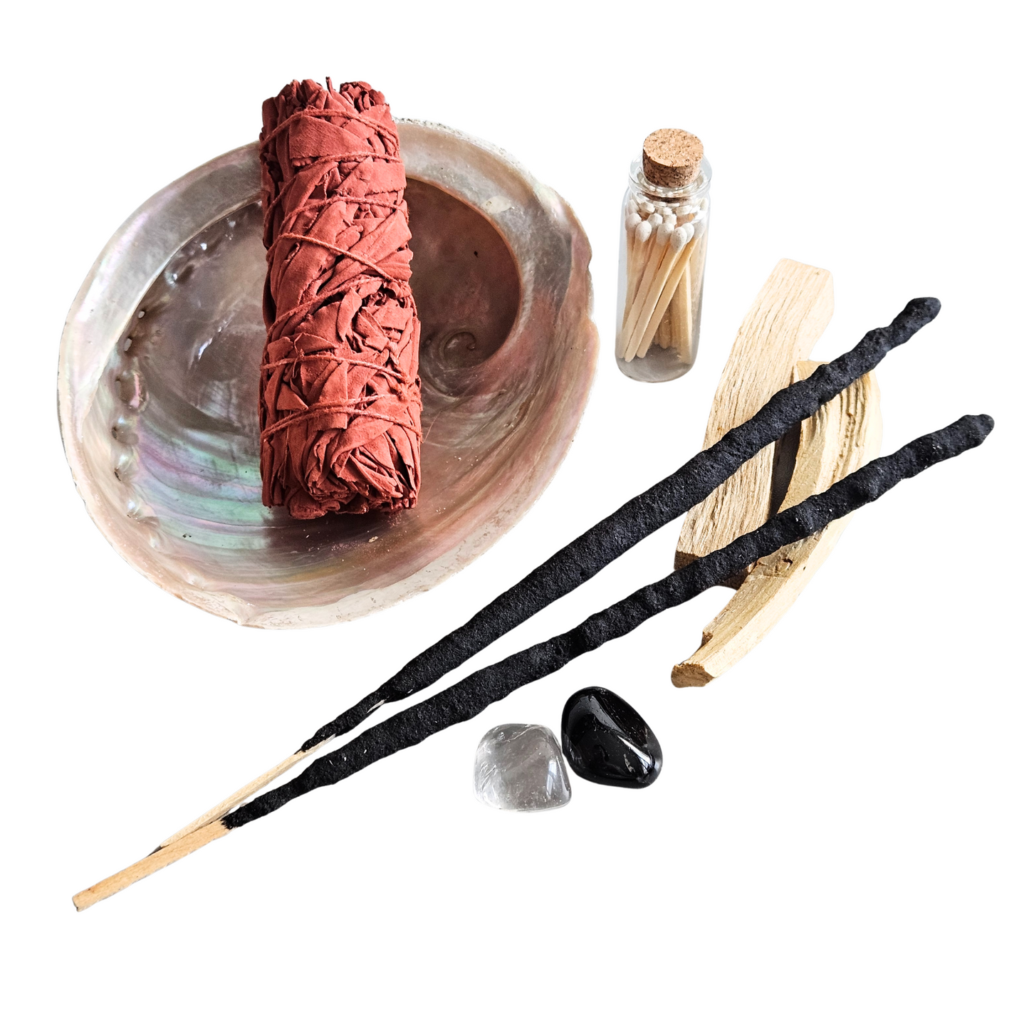 nergetisches Schutz-Set – Abalone-Muschel mit Smudge, Kristallen, Palo Santo und Ritualräucherstäbchen