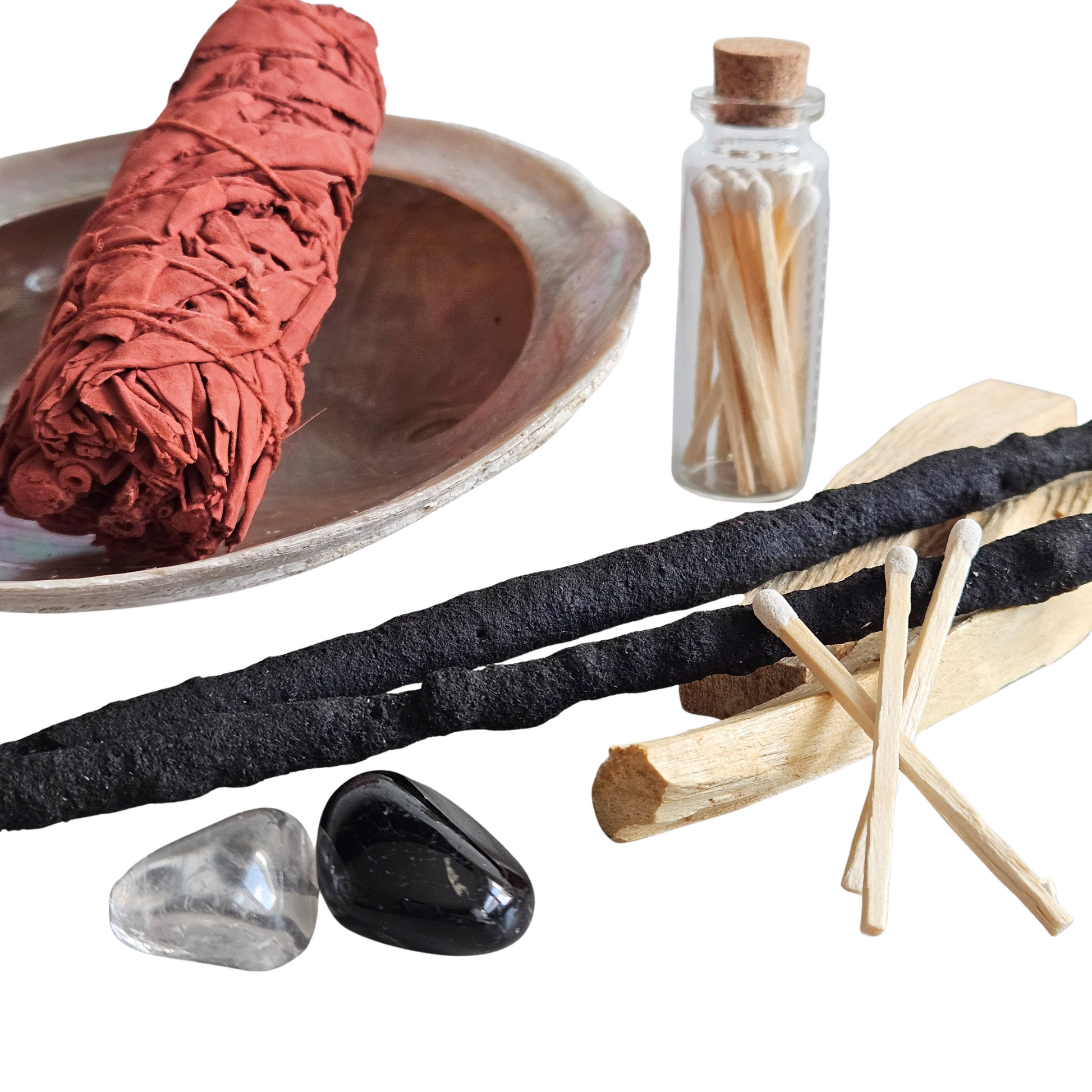 Energetisches Reinigungsset mit rotem Salbei-Smudge, Palo Santo, Bergkristall, Obsidian, Ritualräucherstäbchen, Abalone-Muschel und Streichhölzern