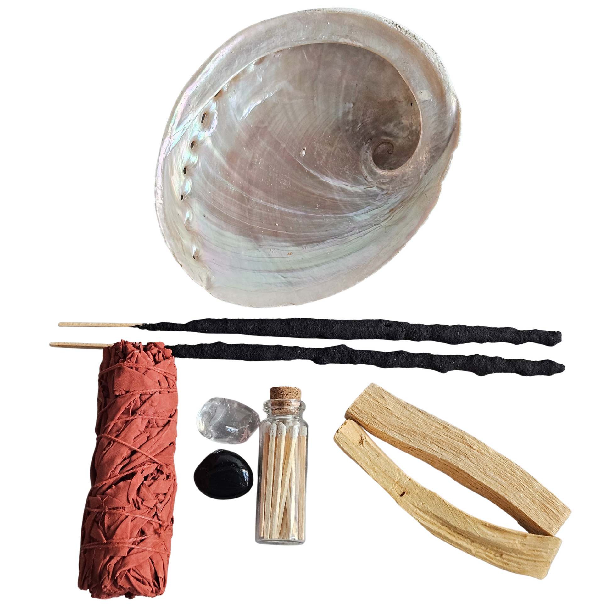 Ritualset Schutz – Abalone-Muschel mit Smudge, Palo Santo, Bergkristall, Obsidian, Ritualräucherstäbchen und Streichhölzern