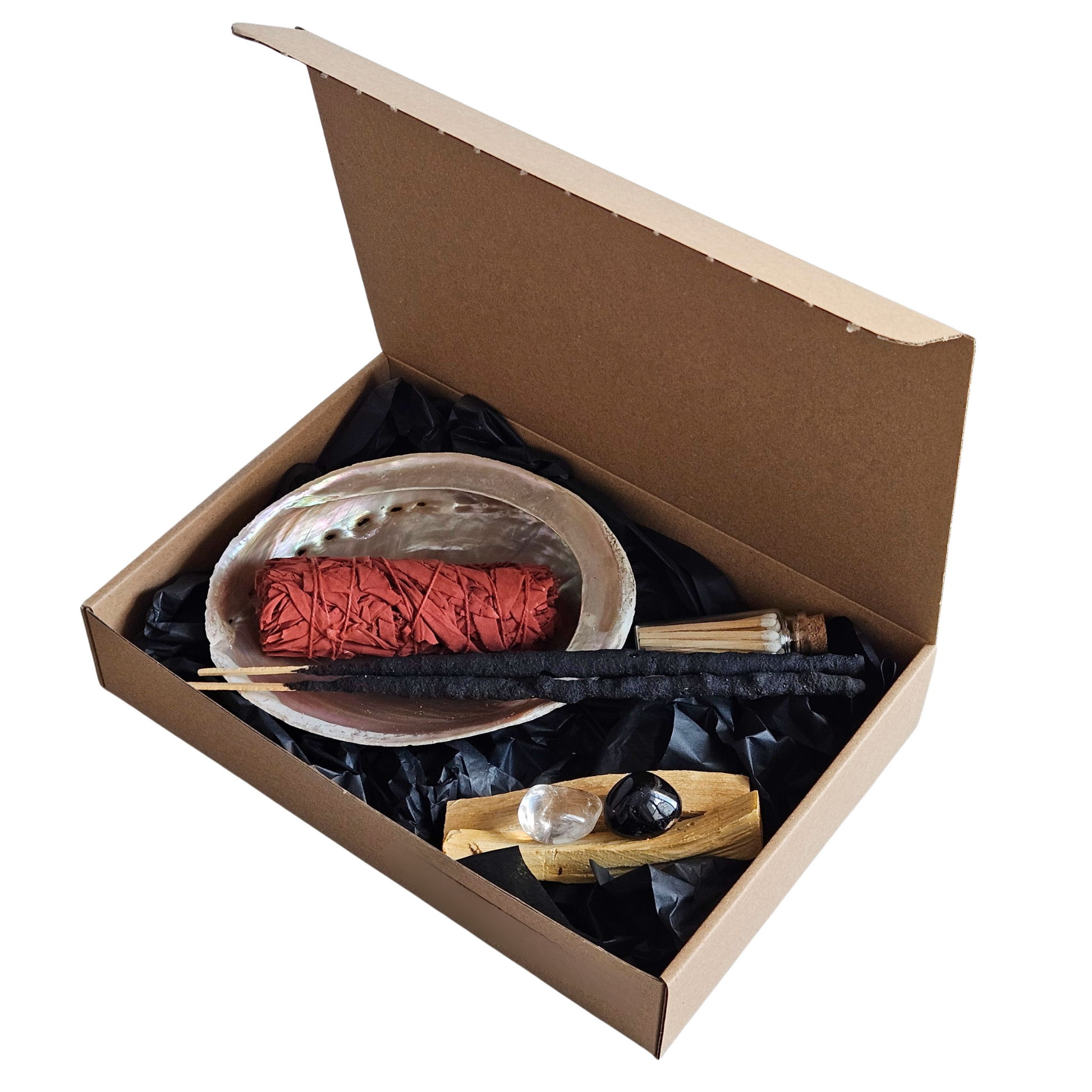 Reinigungsset Schutz in Geschenkbox mit Abalone-Muschel, Smudge, Palo Santo, Kristallen und Räucherstäbchen