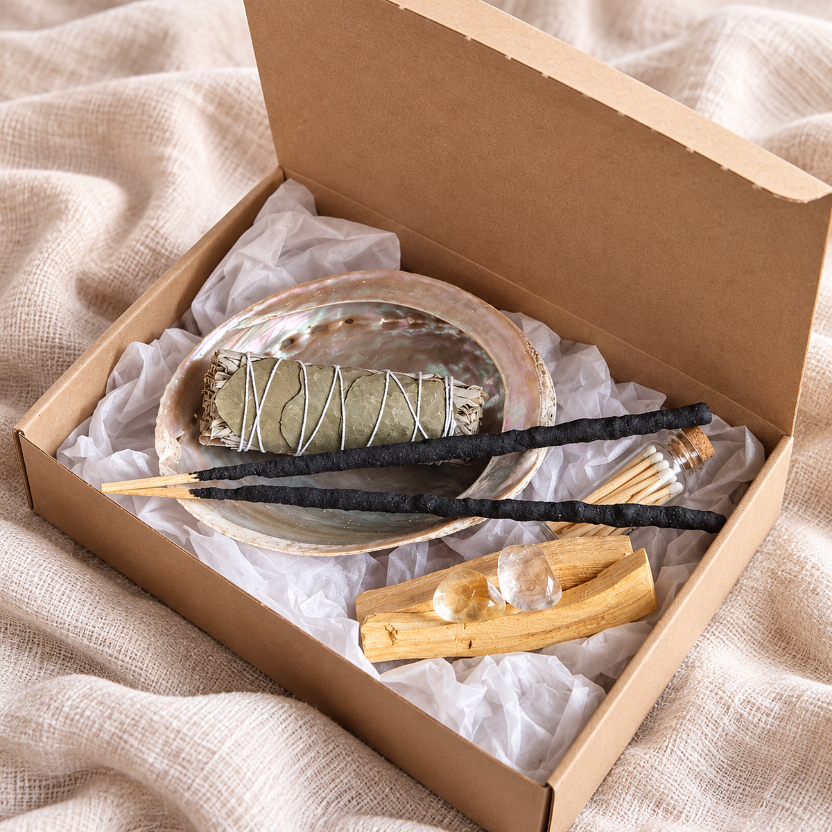 Ritualset Fülle in Geschenkbox mit Abalone-Muschel, Smudge, Kristallen, Palo Santo, Ritualräucherstäbchen und Streichhölzern