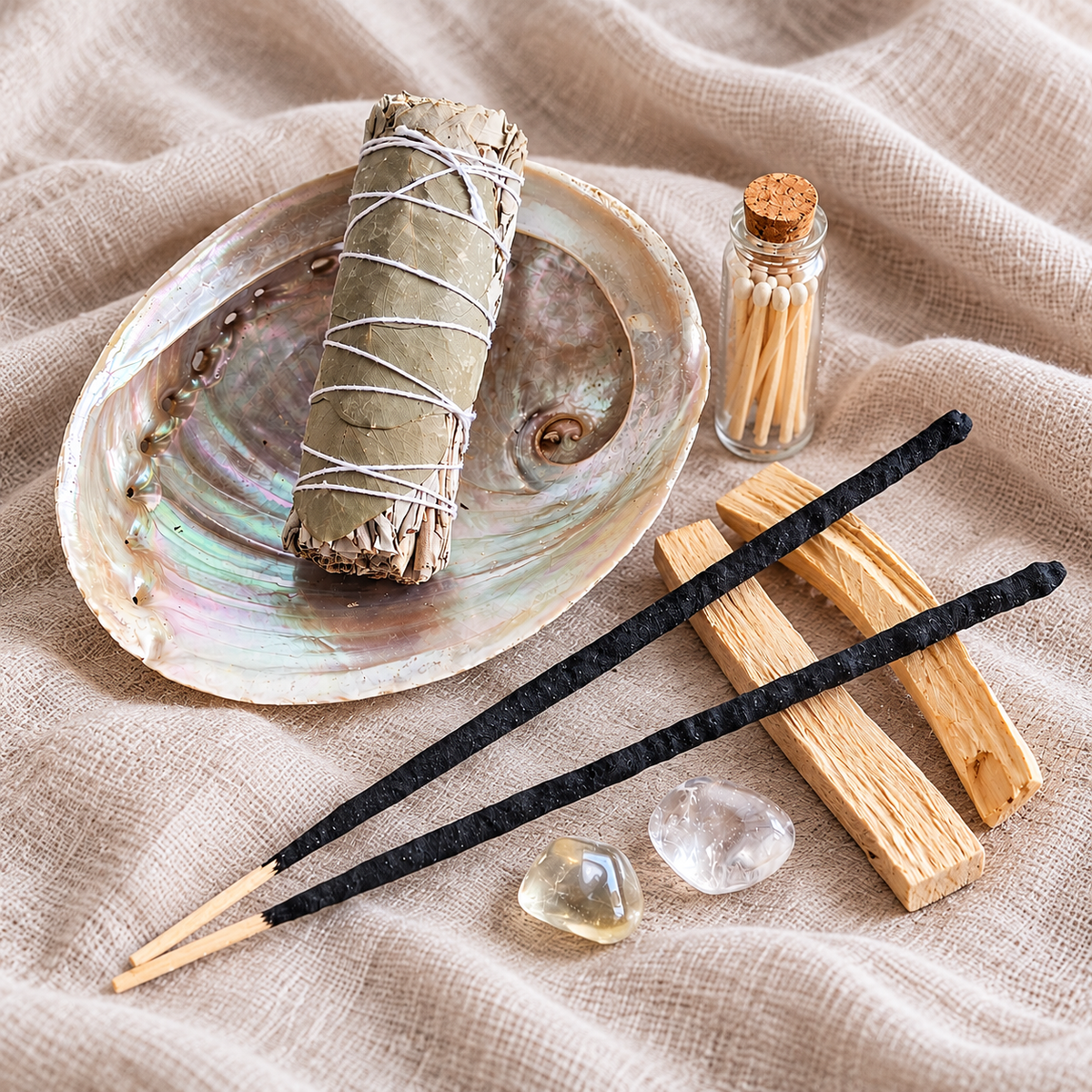 Ritualset Fülle – energetische Reinigung mit Eukalyptus-Salbei-Smudge, Abalone-Muschel, Palo Santo, Citrin, Bergkristall, Räucherstäbchen und Streichhölzern