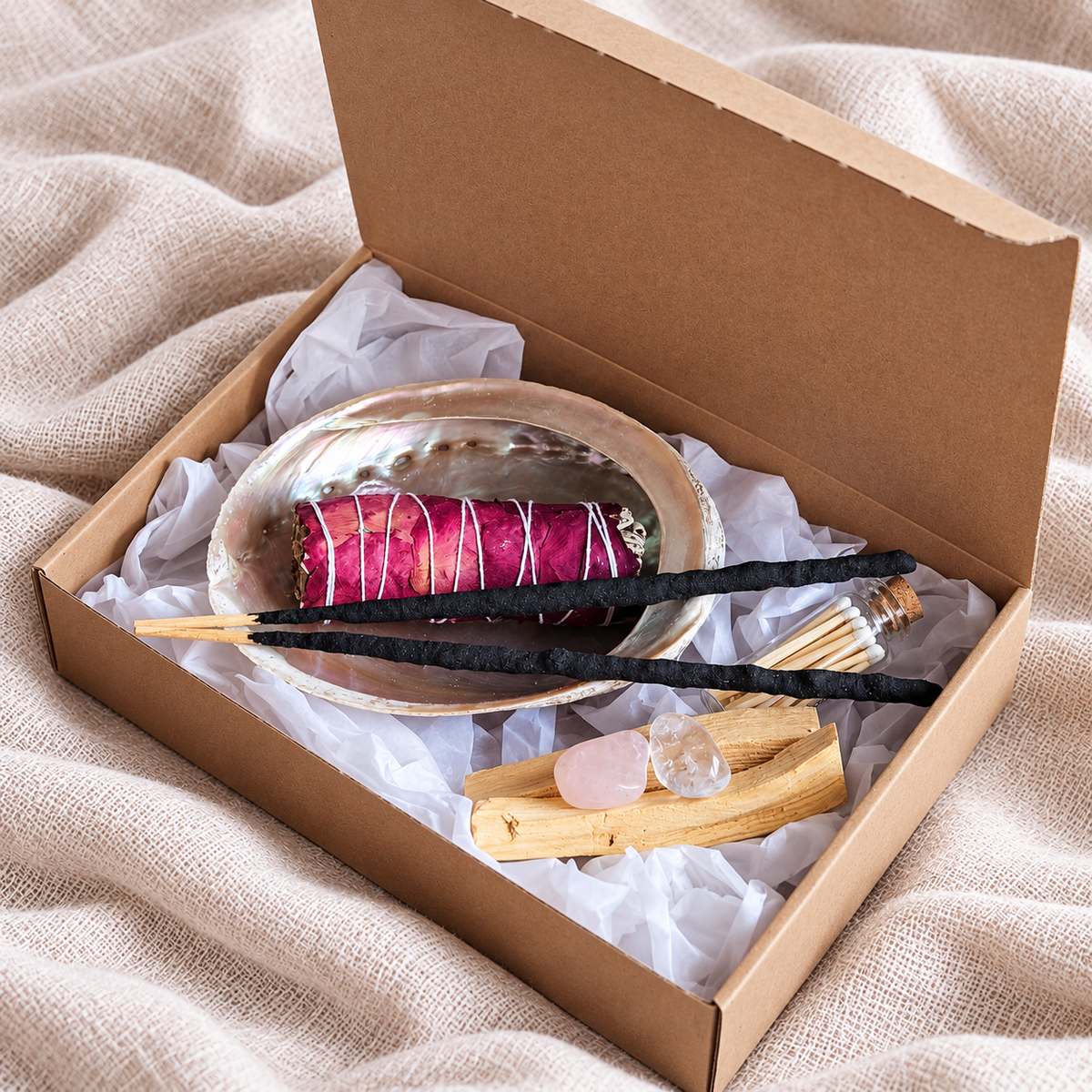 Ritualset Liebe in Geschenkbox mit Abalone-Muschel, Smudge, Kristallen, Palo Santo, Ritualräucherstäbchen und Streichhölzern