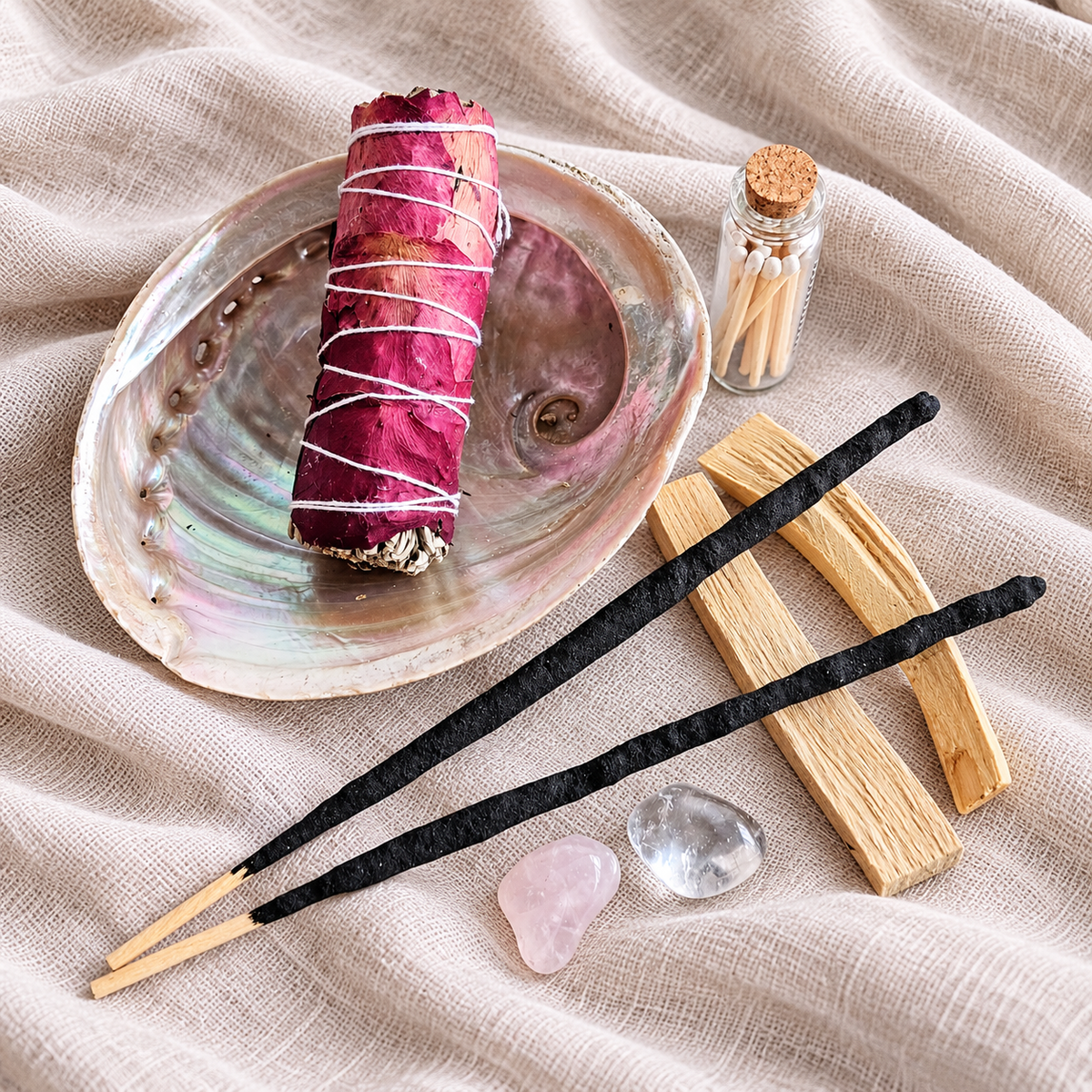 Ritualset Liebe mit Rosenblätter-Salbei-Smudge, Abalone-Muschel, Rosenquarz, Bergkristall, Palo Santo, Ritualräucherstäbchen und Streichhölzern