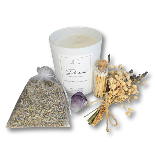 Abendritual Set Ruhe und Erdung mit Duftkerze, Amethyst, Lavendelbeutel, Trockenblumen und Streichhölzern