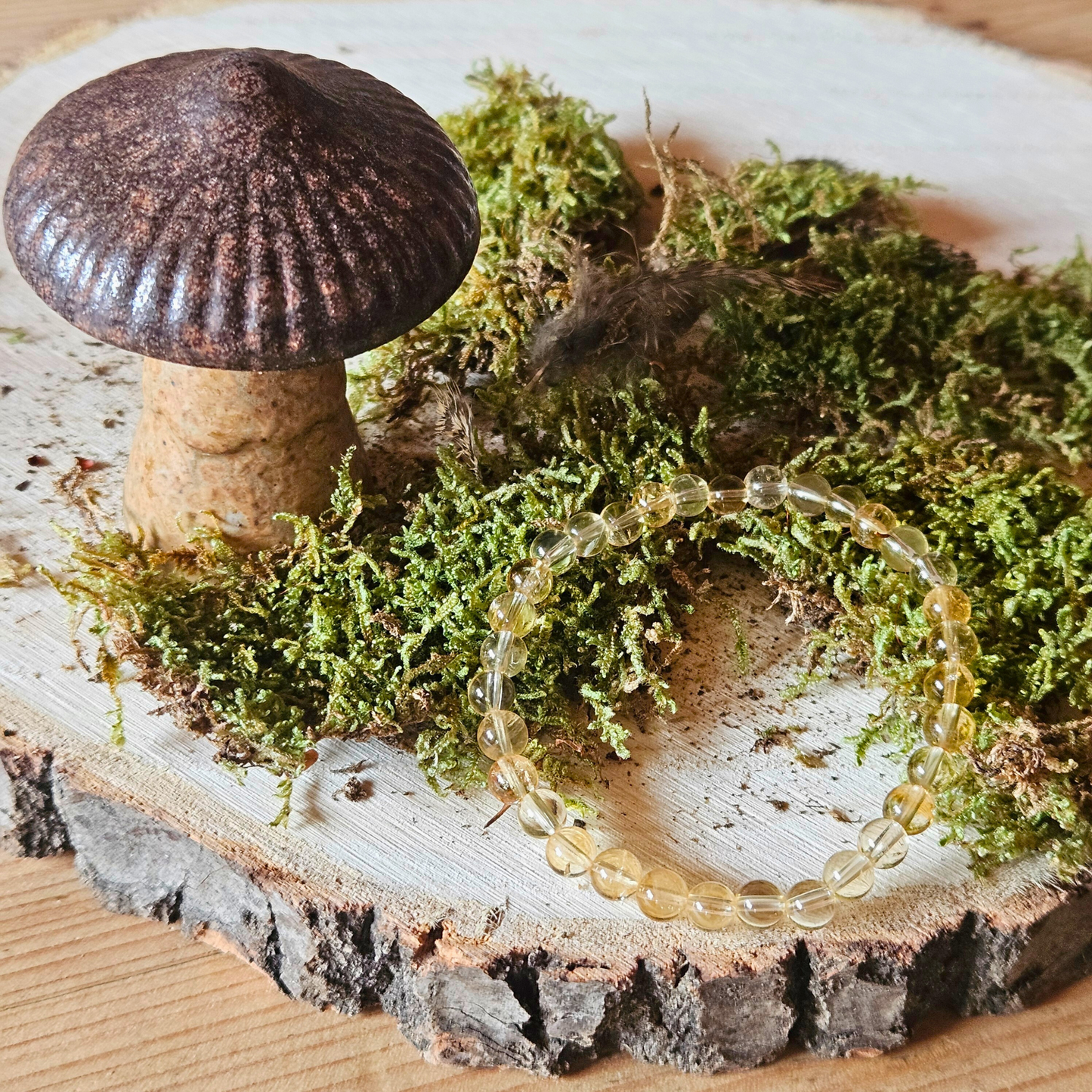 Edelstein Armband Citrin auf Moos im Wald – naturverbundenes Schmuckfoto mit spiritueller Energie, DreamOn.