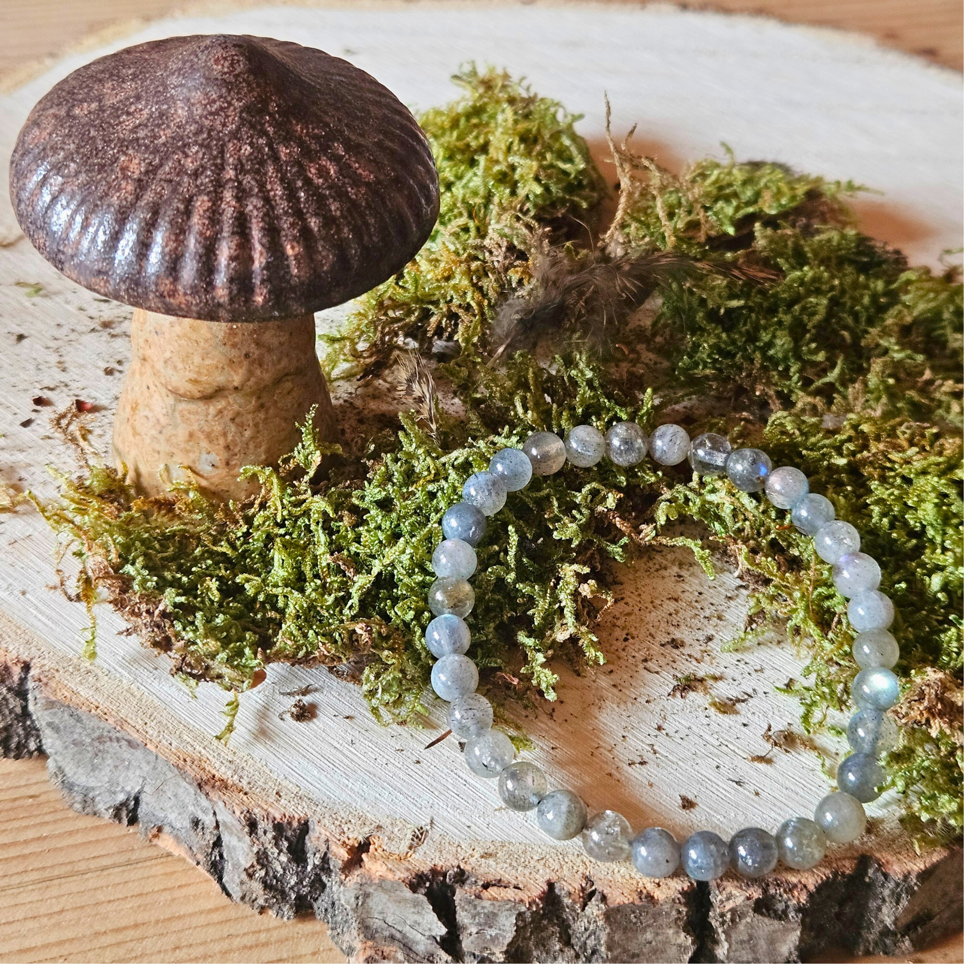 Edelstein Armband Labradorit auf Moos im Wald – naturverbundenes Schmuckfoto mit spiritueller Energie, DreamOn.