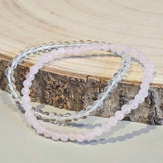 Edelstein Armband Set 4 mm Rosenquarz & Bergkristall – Liebe & Klarheit