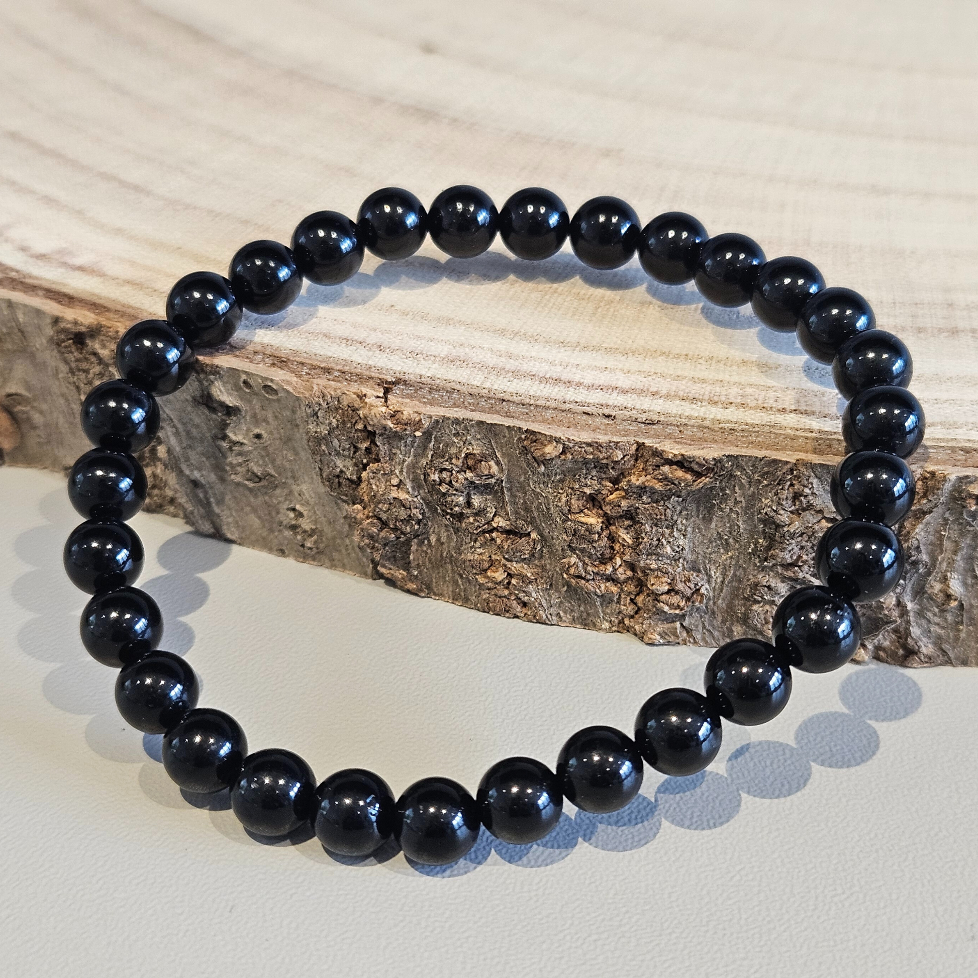 Echtes Turmalin Edelsteinarmband 6 mm, tiefschwarz & glänzend