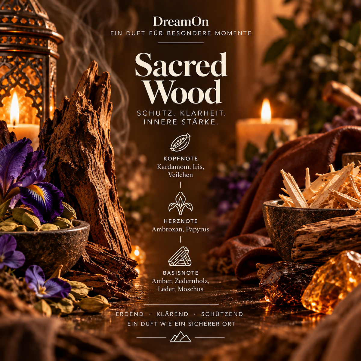 DreamOn Duft Schutz mit Kardamom, Iris, Papyrus, Zedernholz, Amber und Moschus in einer warmen, holzigen Duftkomposition.