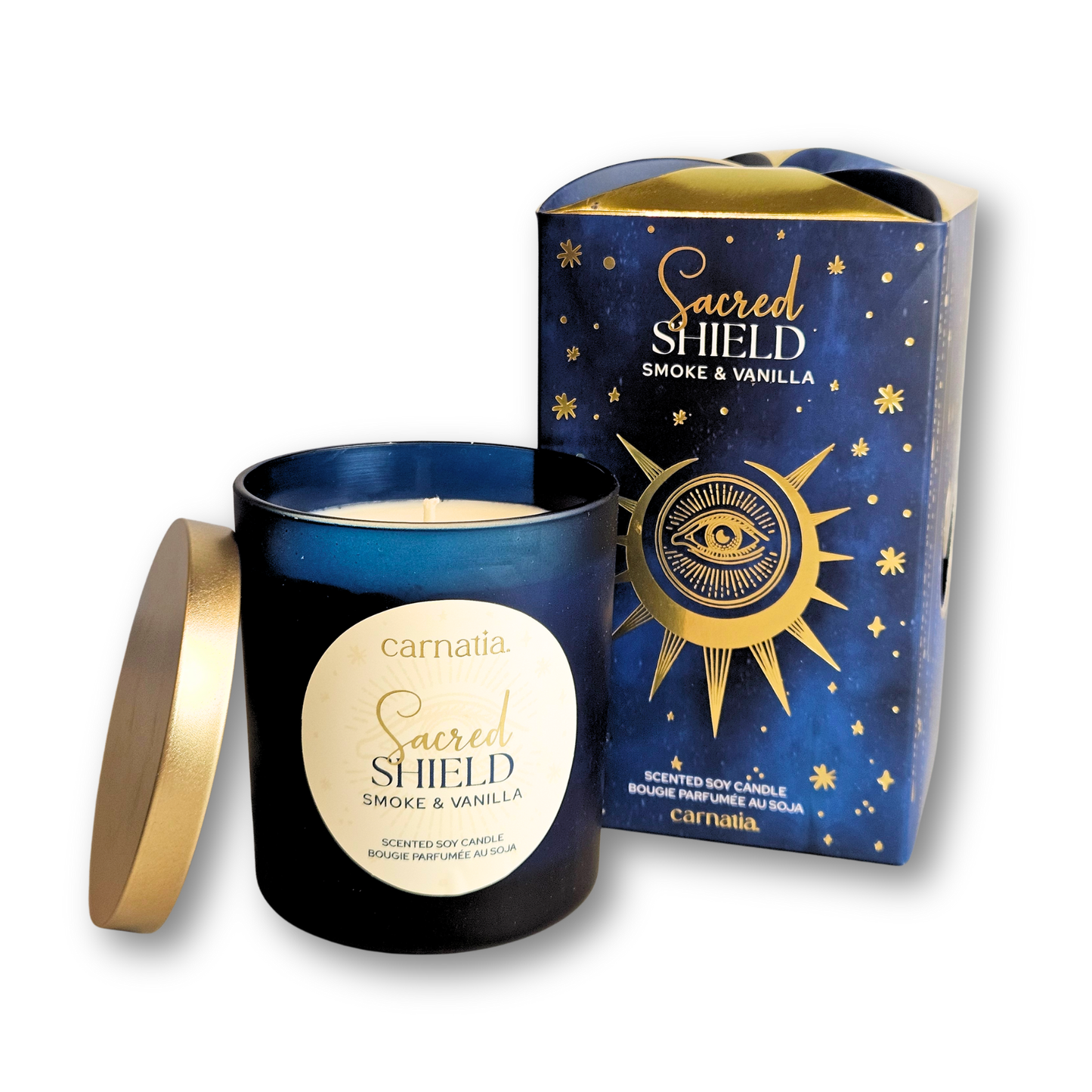 Sacred Shield Sojaduftkerze im dunkelblauen Glas mit Smoke & Vanilla