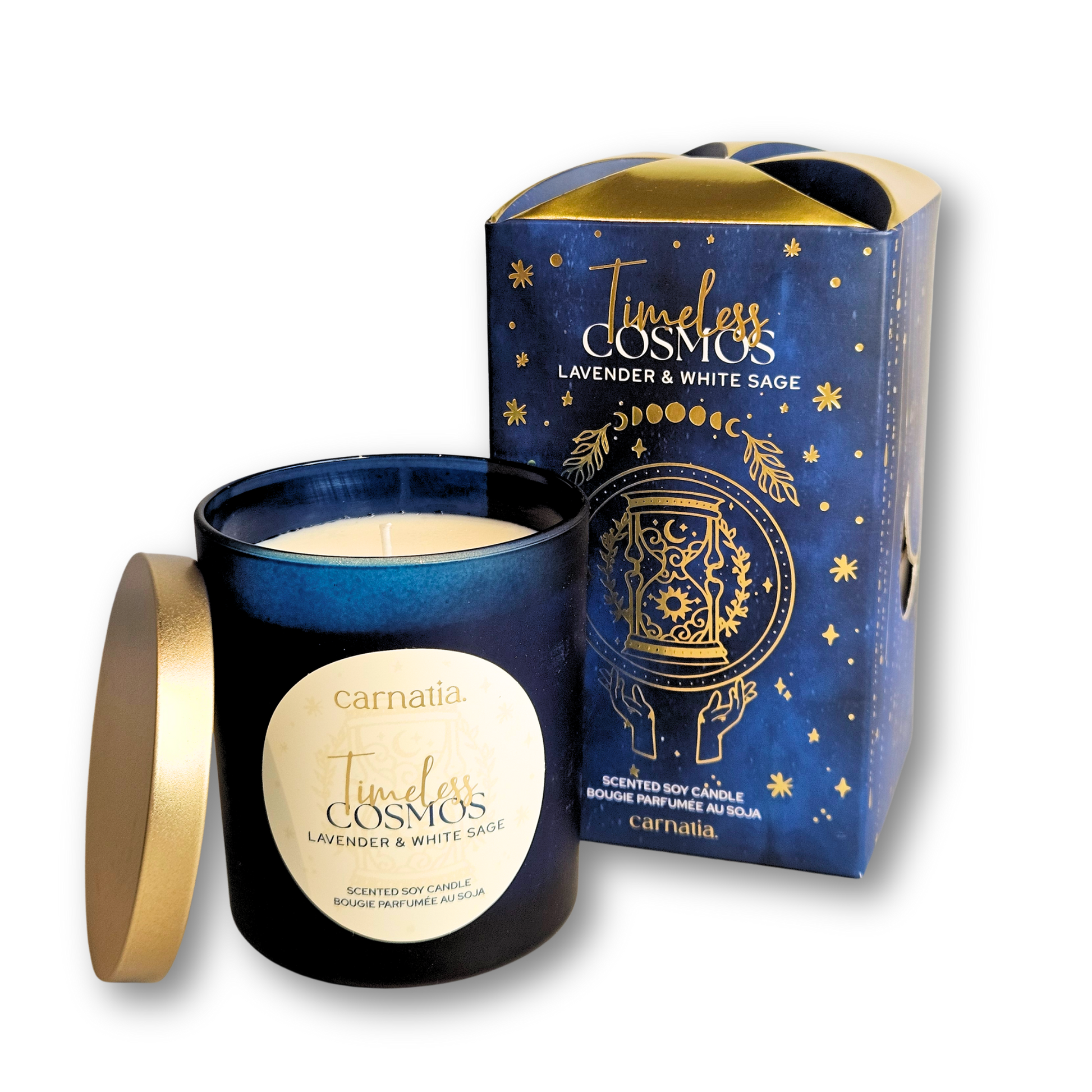 Timeless Cosmos Sojaduftkerze im dunkelblauen Glas mit Lavendel & weißem Salbei