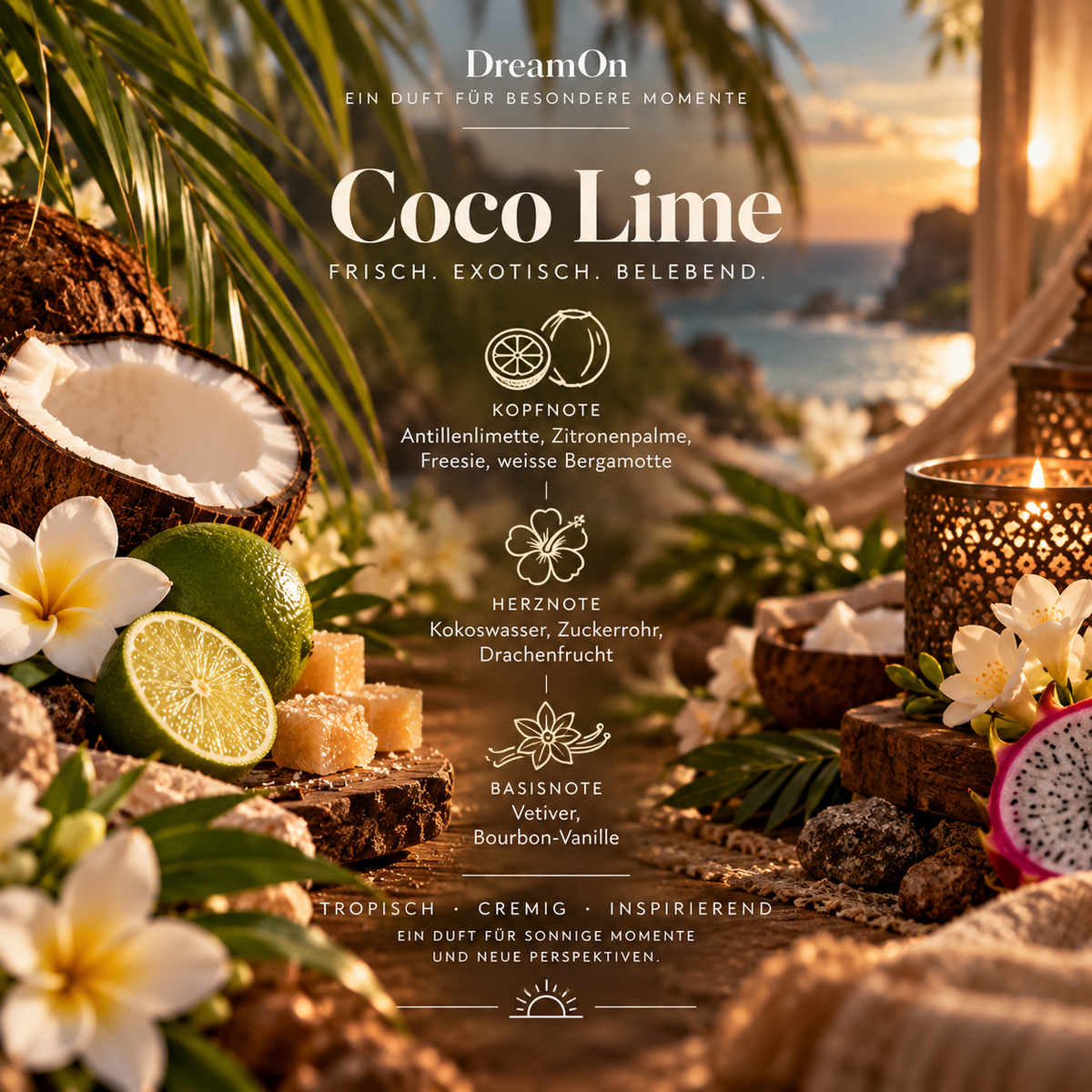DreamOn Duft Coco Lime mit Limette, Bergamotte, Kokoswasser, Drachenfrucht, Vetiver und Vanille in einer frisch-exotischen Duftkomposition.
