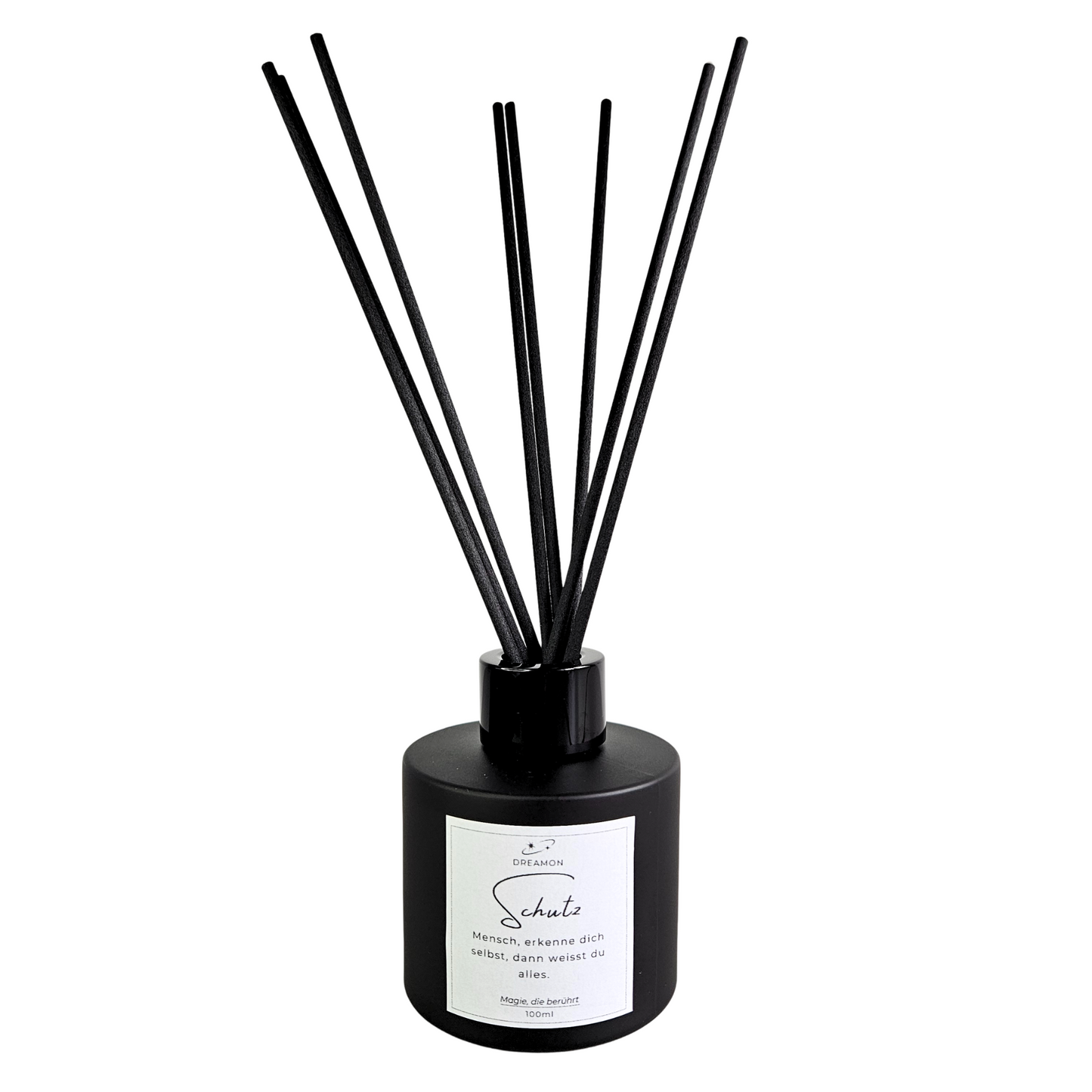 Raumduft „Schutz“ – energetischer Diffuser gegen negative Energien in schwarzer Flasche – Variante mit deutschem Etikett