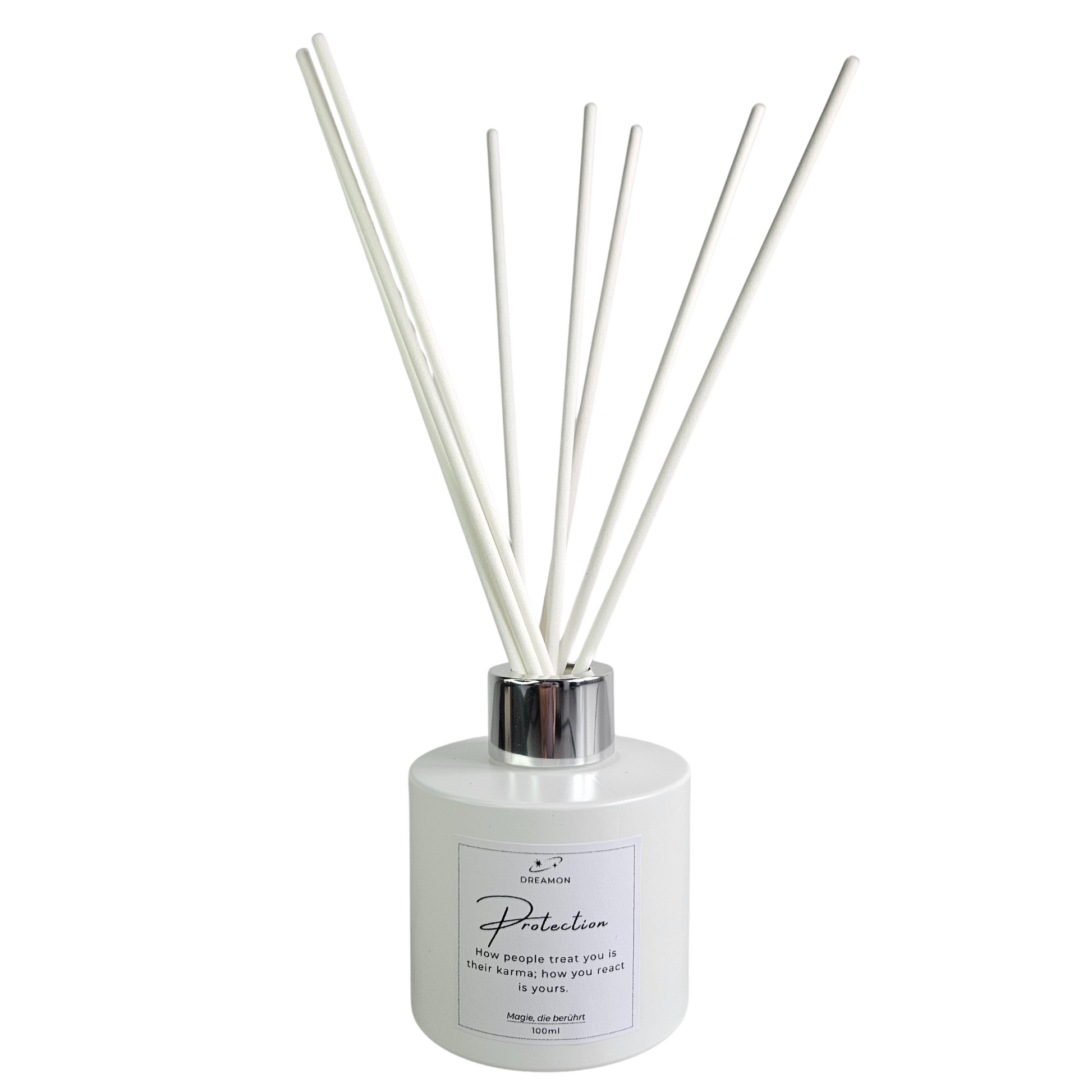 Raumduft „Protection“ – energetischer Diffuser gegen negative Energien in weisser Flasche – Variante mit englischem Etikett