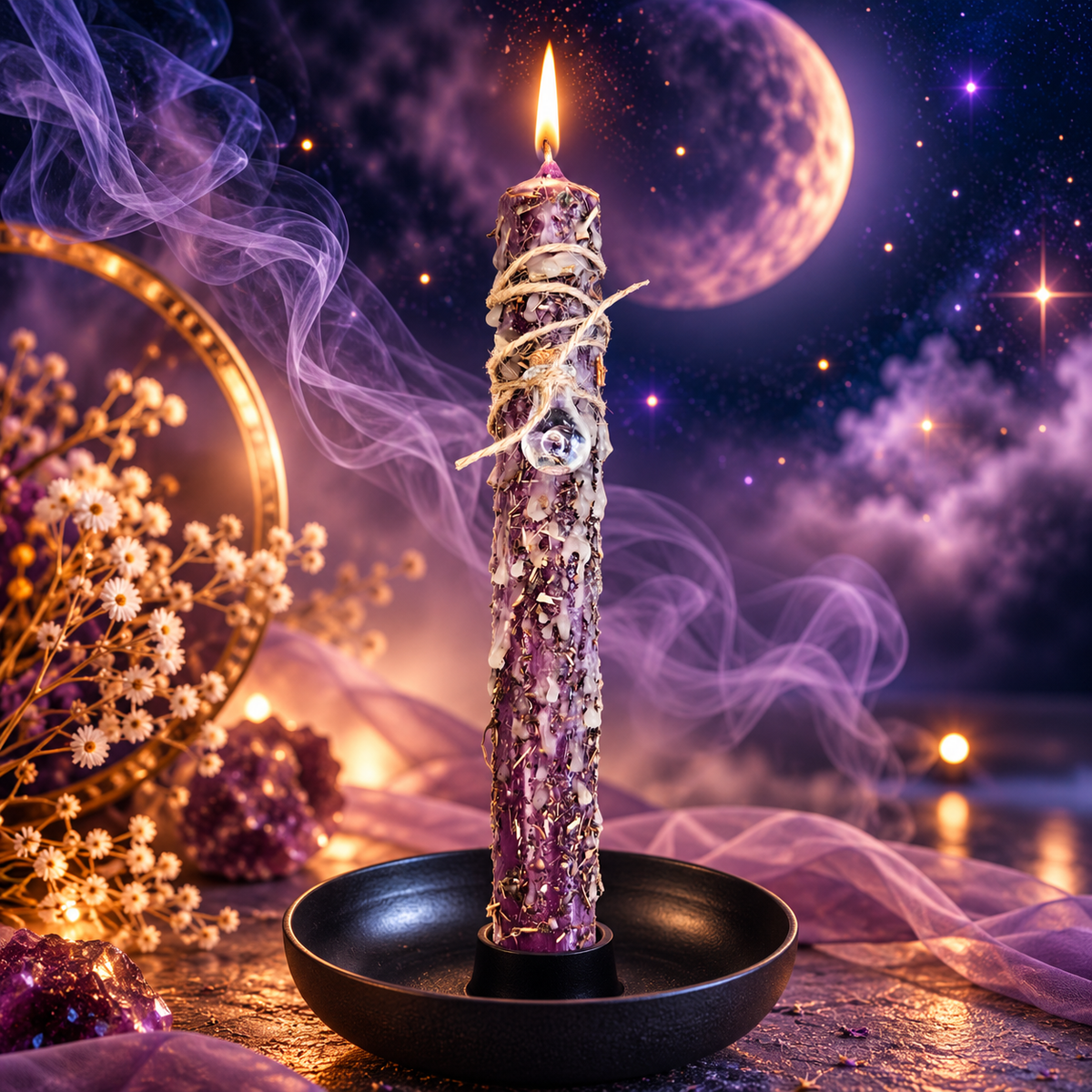 Auberginefarbene DreamOn Ritualkerze mit Vervain, Tulsi, Patchouli und Lavendelöl, Kordel und Glasanhänger, brennend im schwarzen Kerzenständer vor violettem Mondhintergrund.