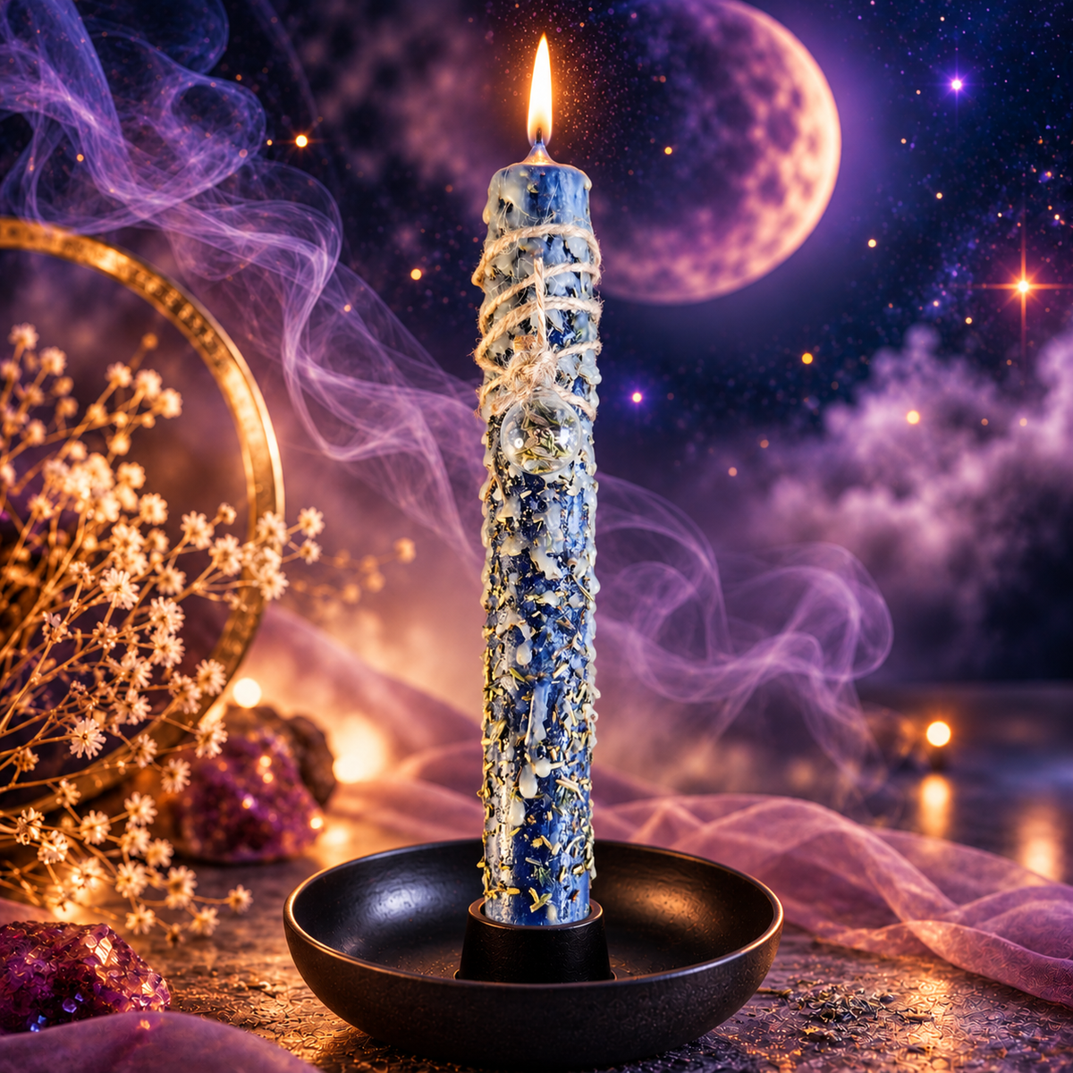 Dunkelblaue DreamOn Ritualkerze mit Kräutern, Wachstropfen und Glasanhänger, brennend im schwarzen Kerzenständer vor violettem Mondhintergrund.