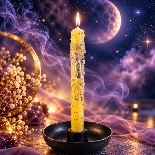 Gelbe DreamOn Ritualkerze mit Calendula, Basilikum, Orangenöl und Glasfläschchen, brennend im schwarzen Kerzenständer vor violettem Mondhintergrund.