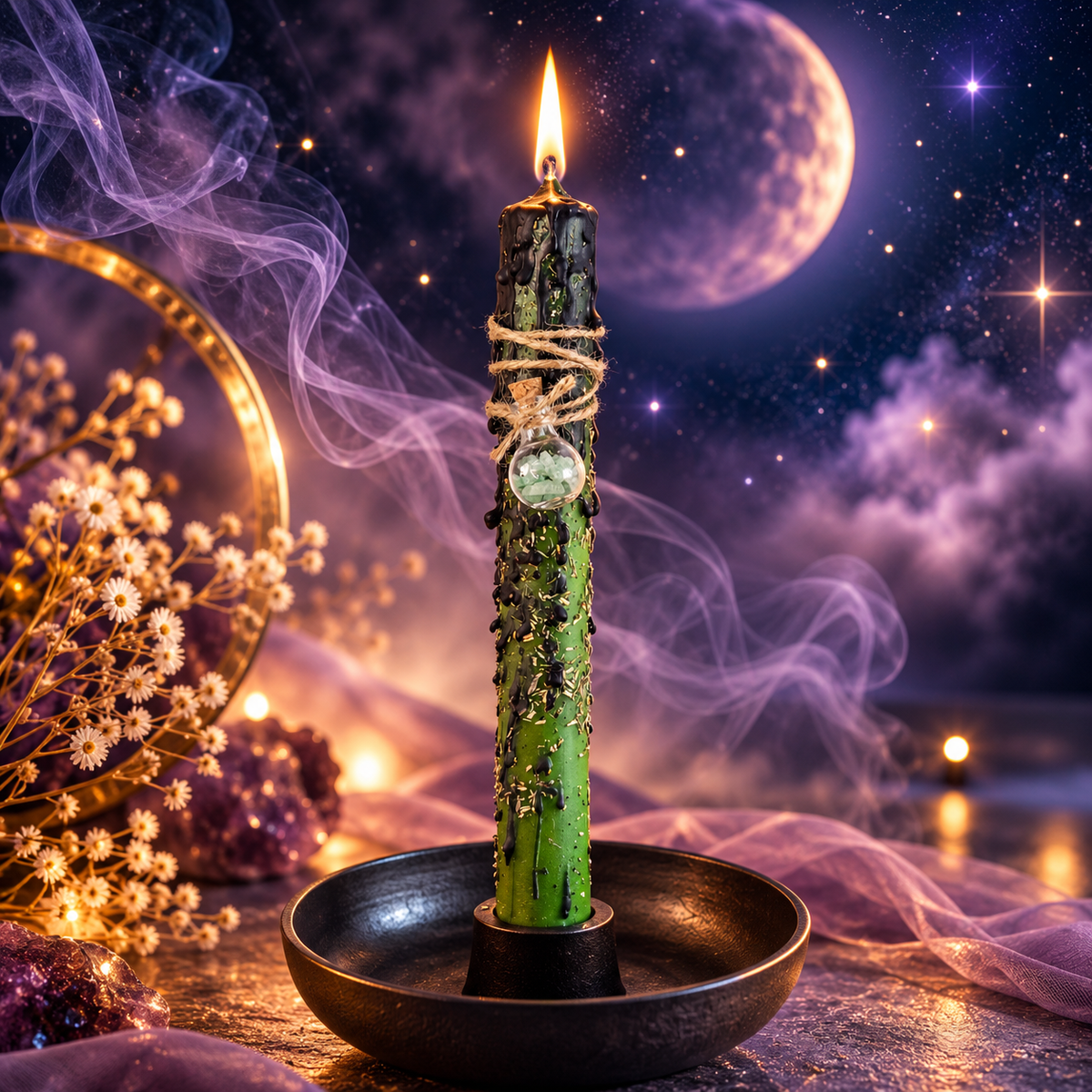 Grüne DreamOn Ritualkerze mit dunklen Wachstropfen, Rosmarin, Thymian, Patchouliöl und Edelsteinanhänger, brennend im schwarzen Kerzenständer vor magischem Mondhintergrund.